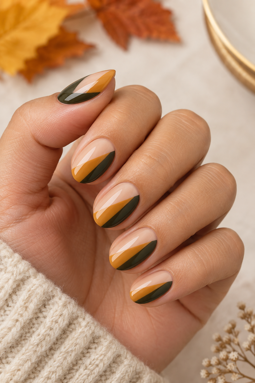 Olive & Mustard Diagonal Color Block Nails