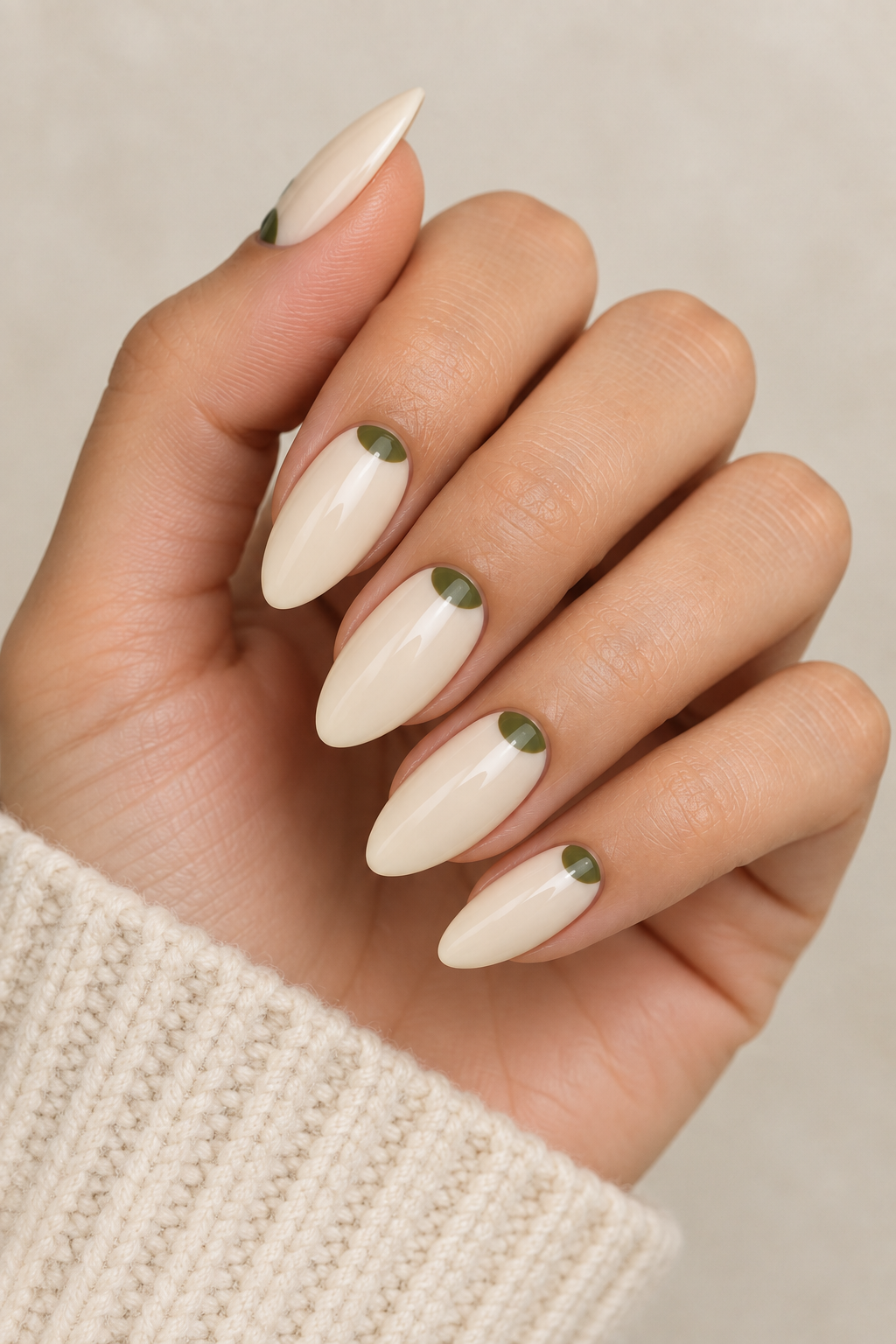 Olive and Cream Half-Moon Nails