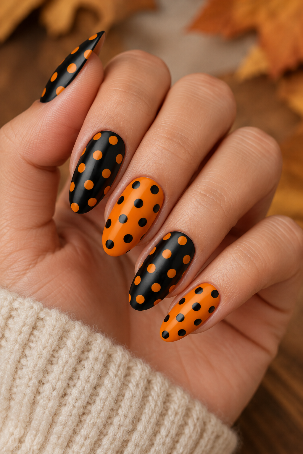 Orange & Black Polka Dot Halloween Nails