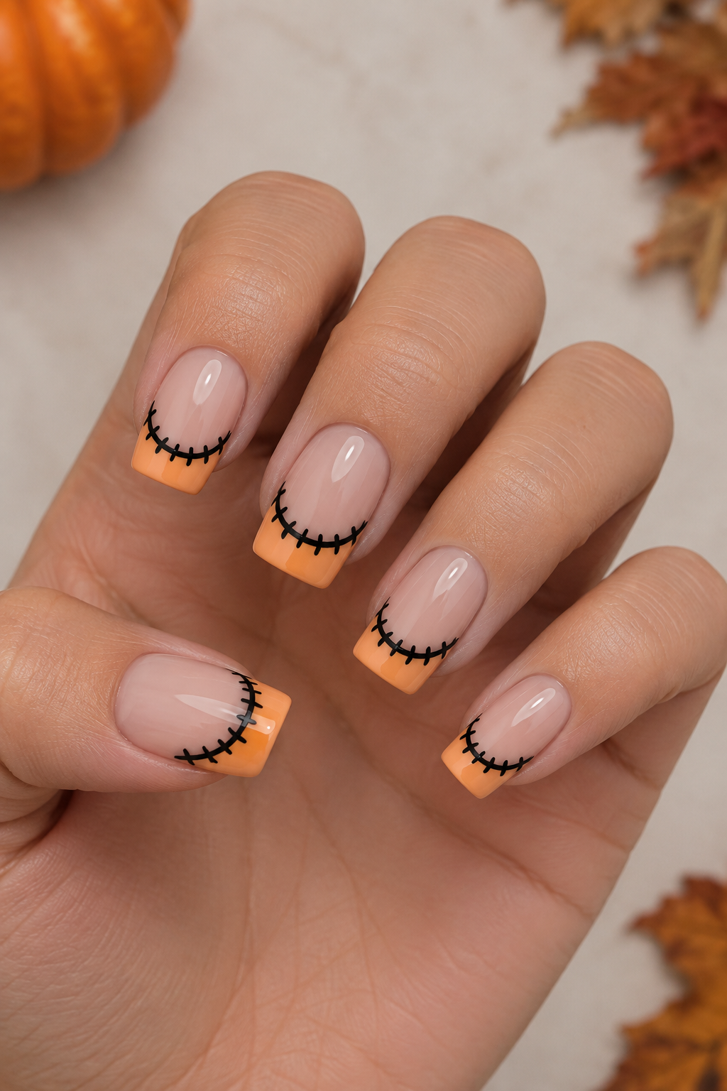 Orange Stitched French Nails