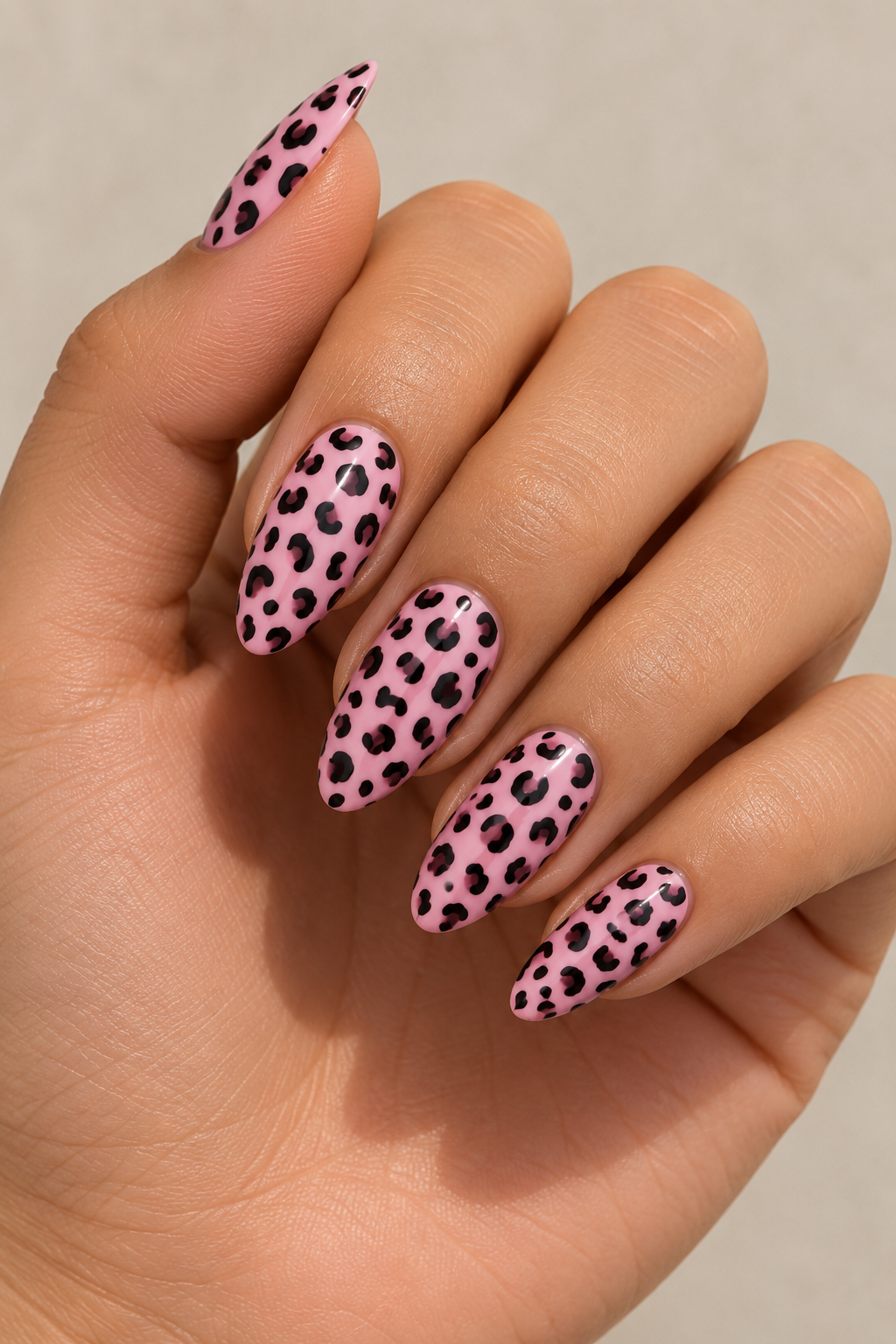 Pink & Black Leopard Almond Nails