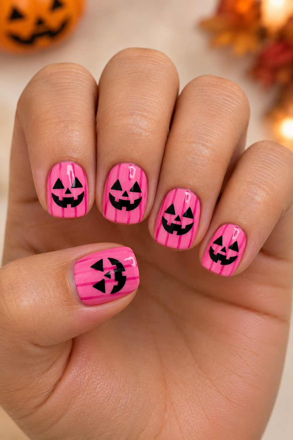 Pink Pumpkin Stripe Nails