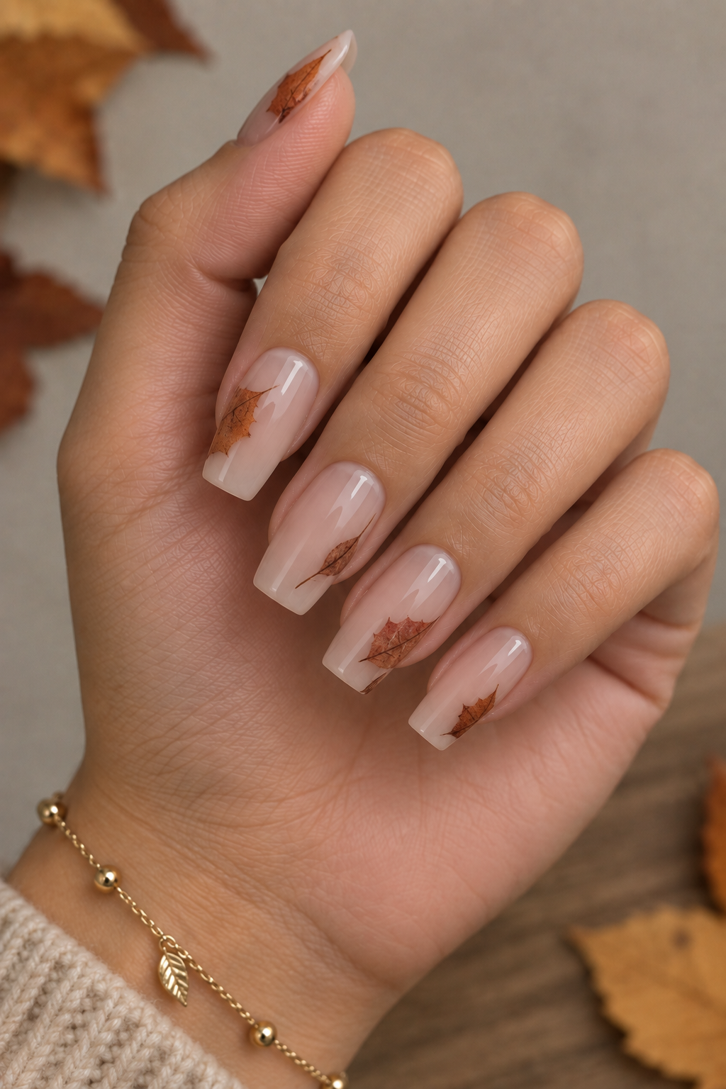 Pressed Leaf Fragment Acrylic Nails