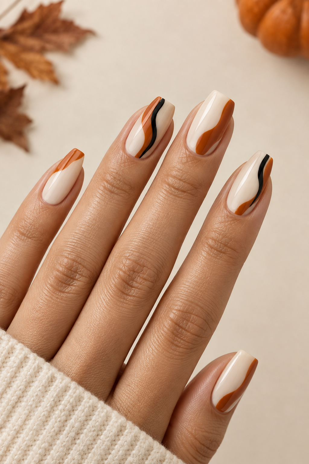 Pumpkin & Cream with Black Abstract Waves