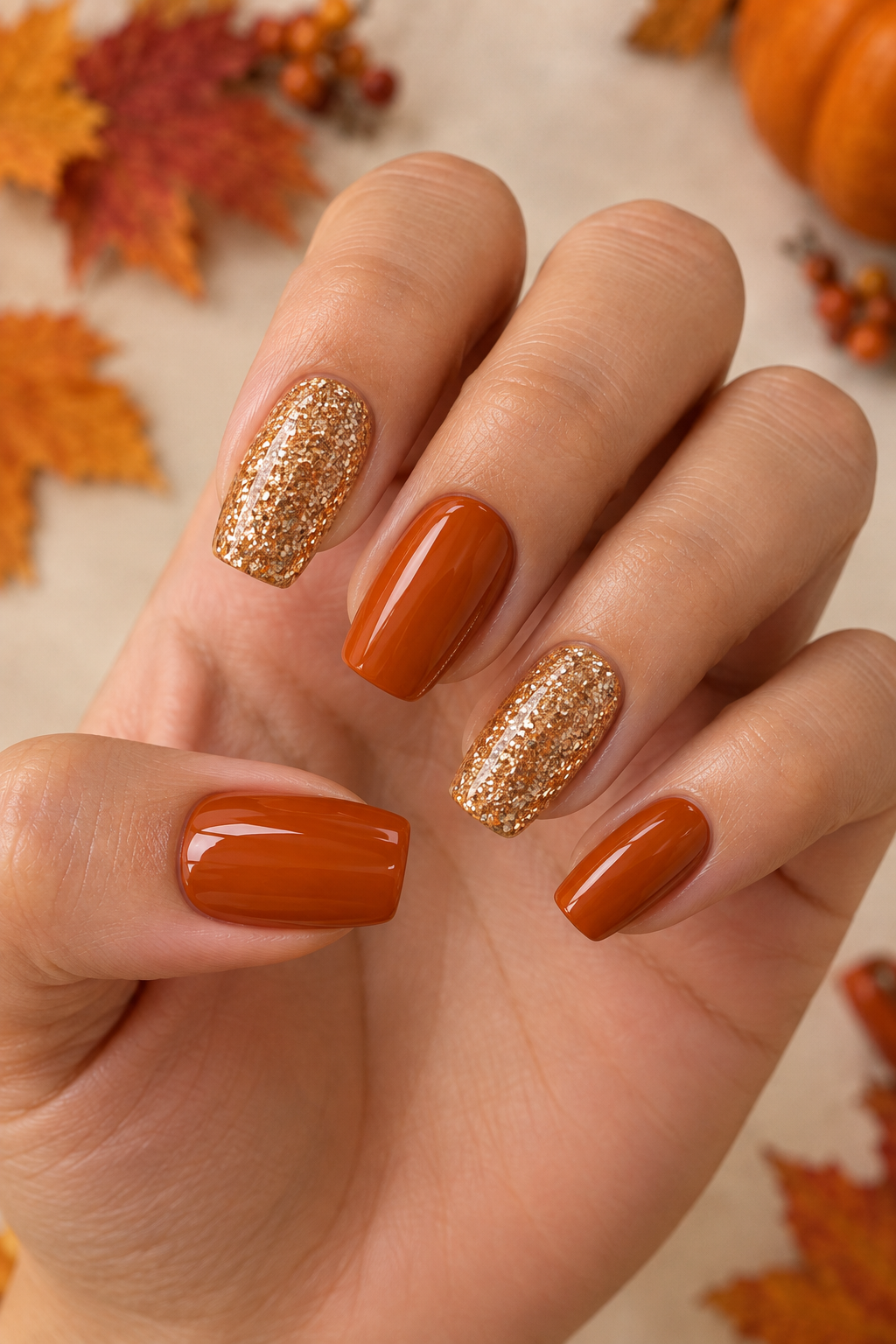 Pumpkin Orange & Golden Glitter Alternating Nails