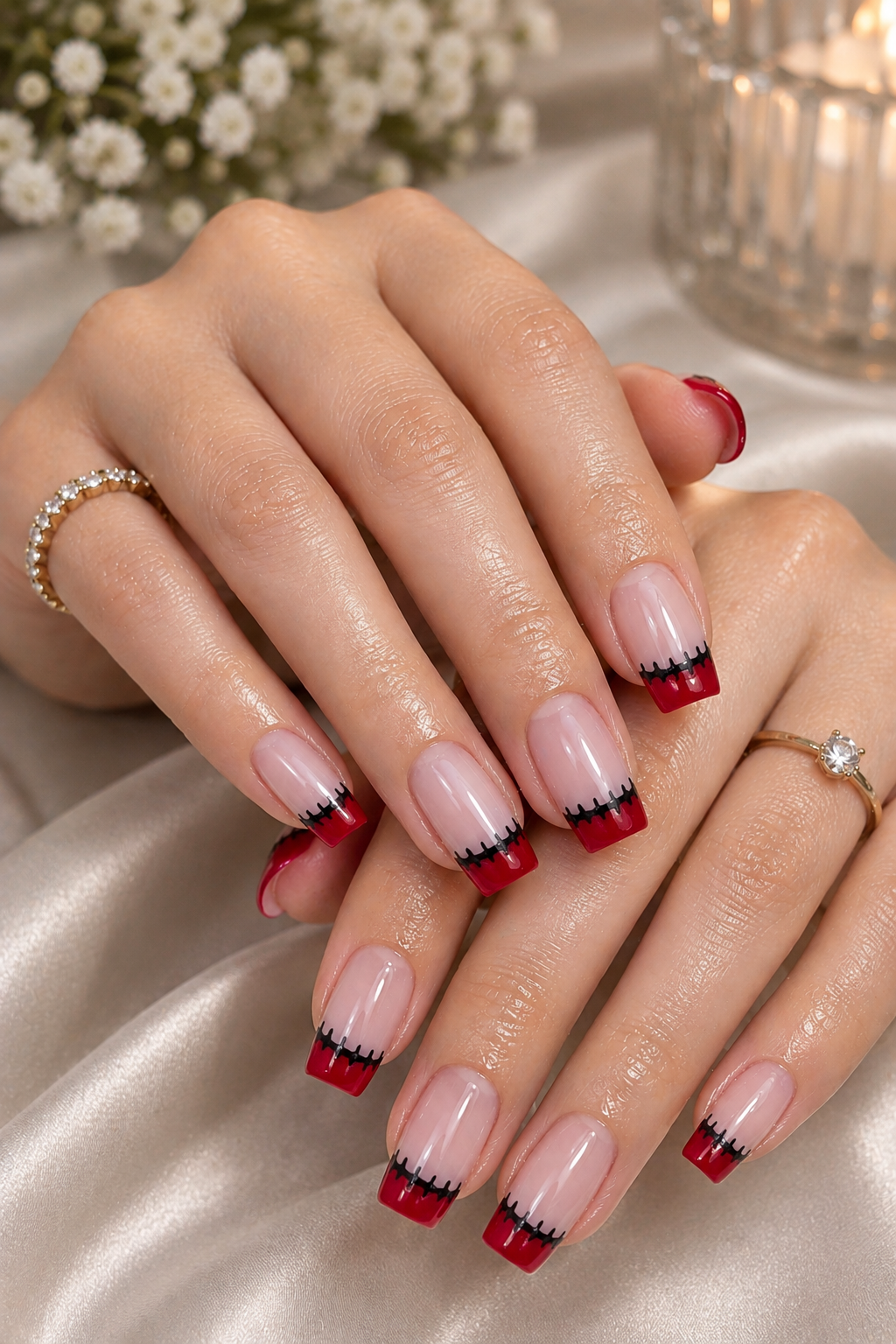 Red Stitch French Tip Nails
