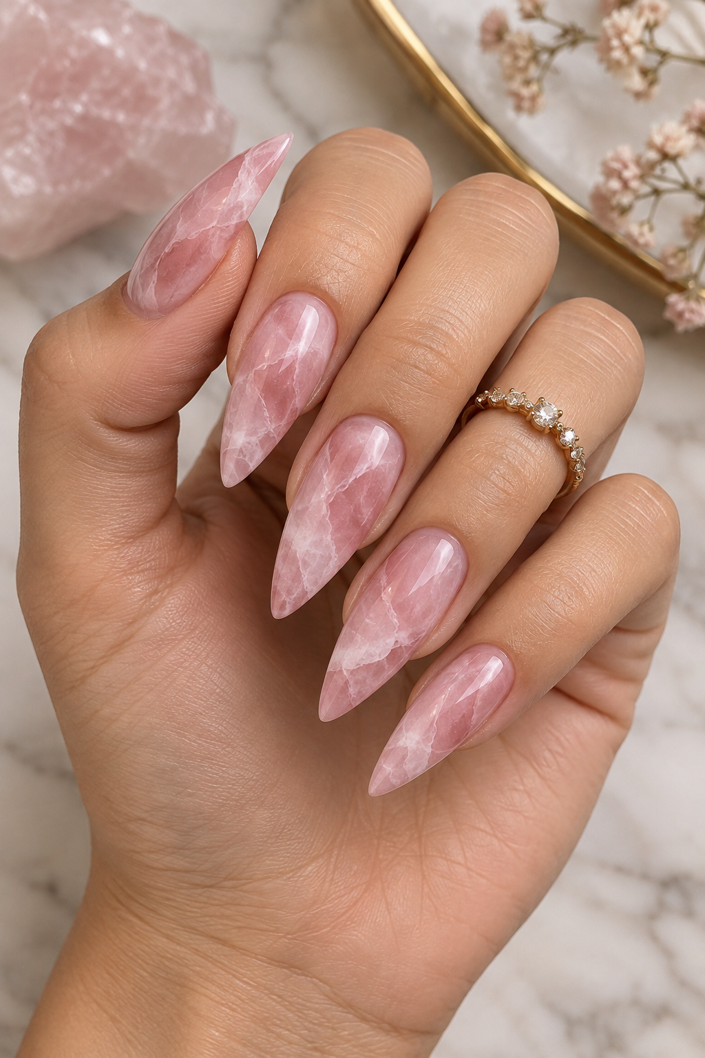 Rose Quartz Stiletto Nails