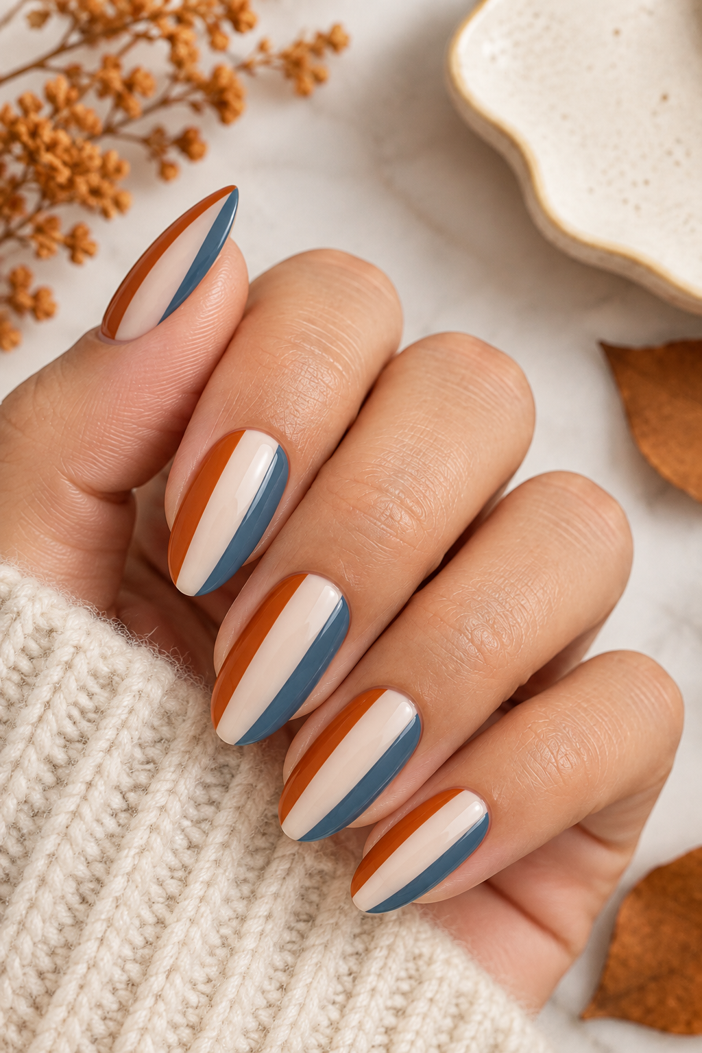 Rust & Dusty Blue Stripe Nails