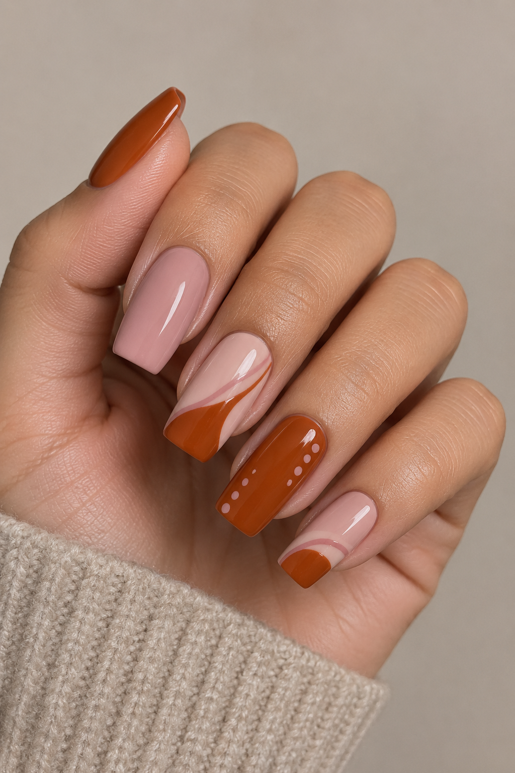 Rust and Dusty Pink Mismatched Nails