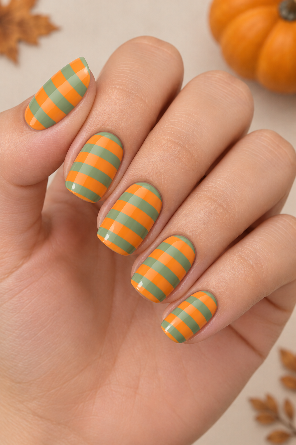 Sage Green & Pumpkin Stripe Halloween Nails