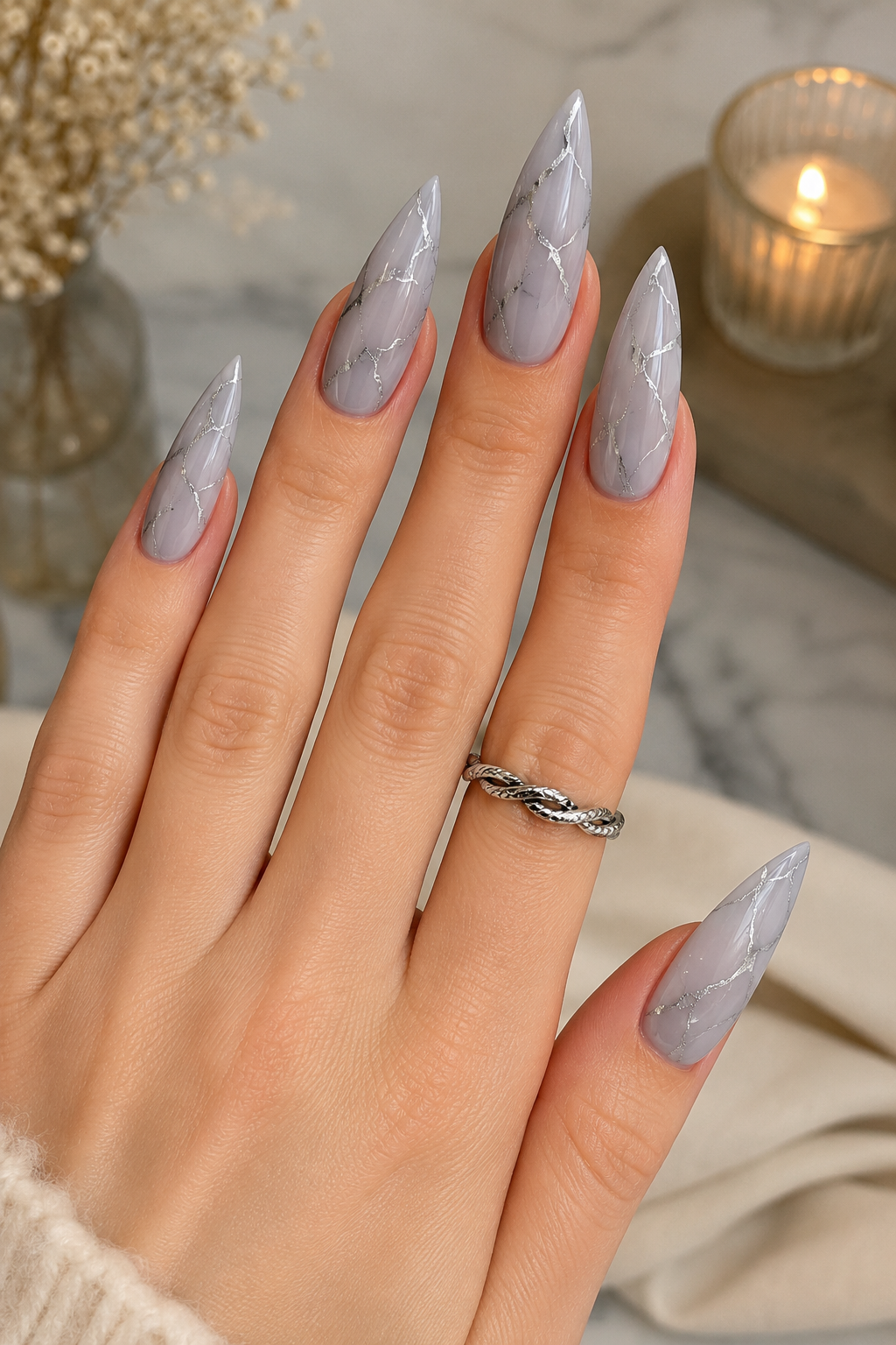 Silver Vein Marble Stiletto Nails
