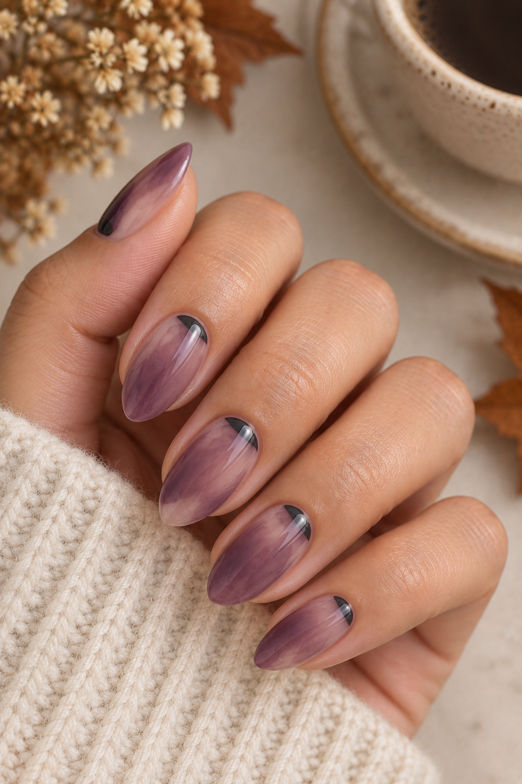 Smoky Mauve-Purple Crescent Nails