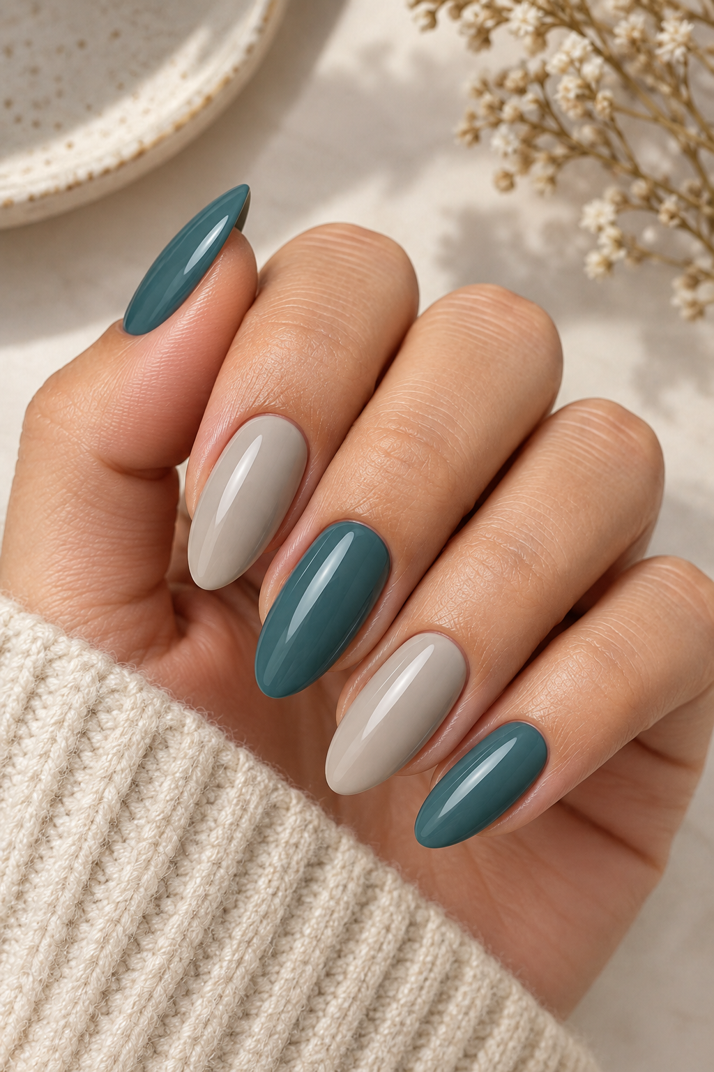 Smoky Teal & Greige Accent Nails