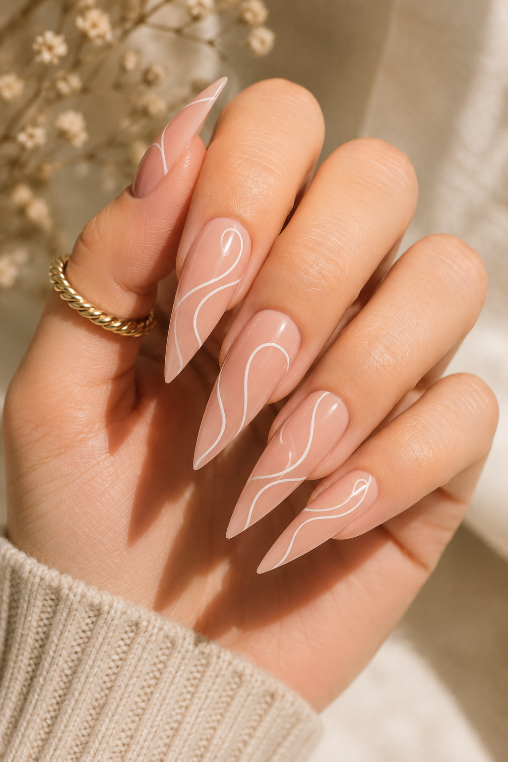 White Line Art Stiletto Nails
