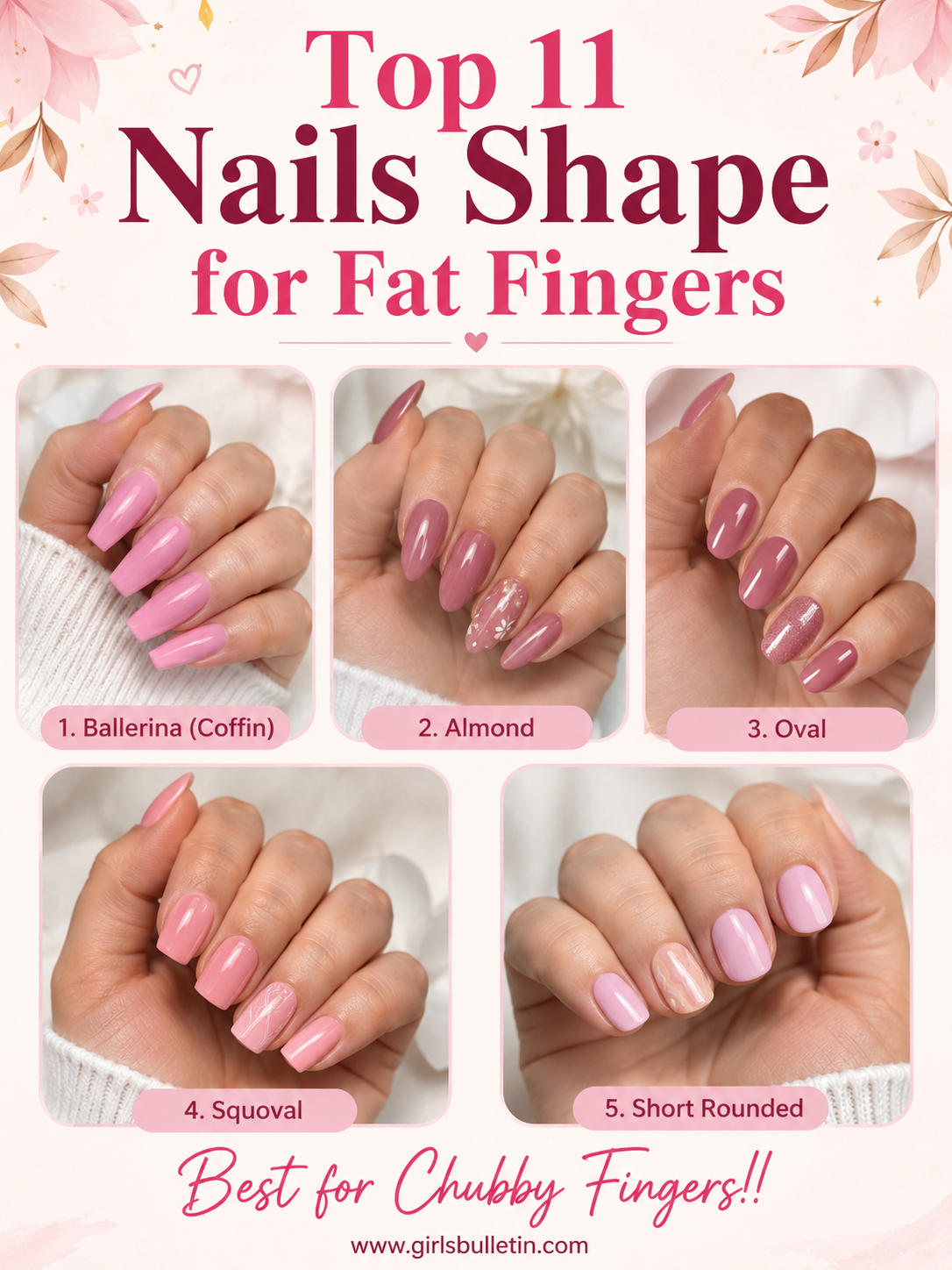 top nails shape for fat fingers showing 5 nail designs
