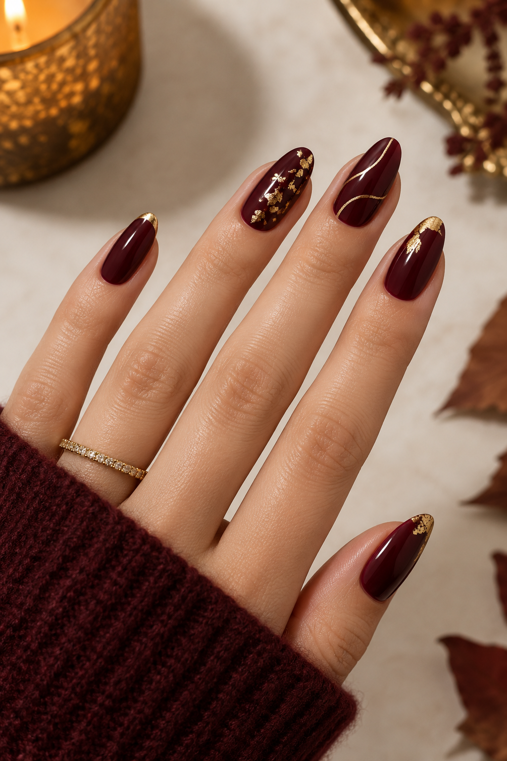 Autumn Burgundy and Gold Manicure