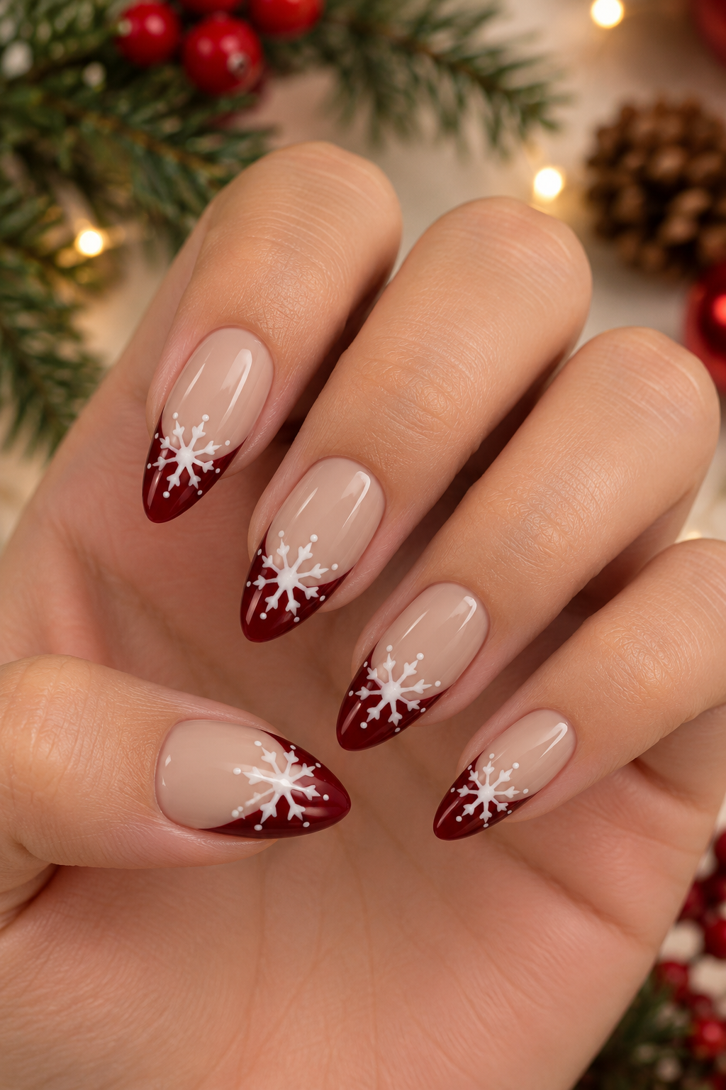 Burgundy French Tip Snowflake Nails