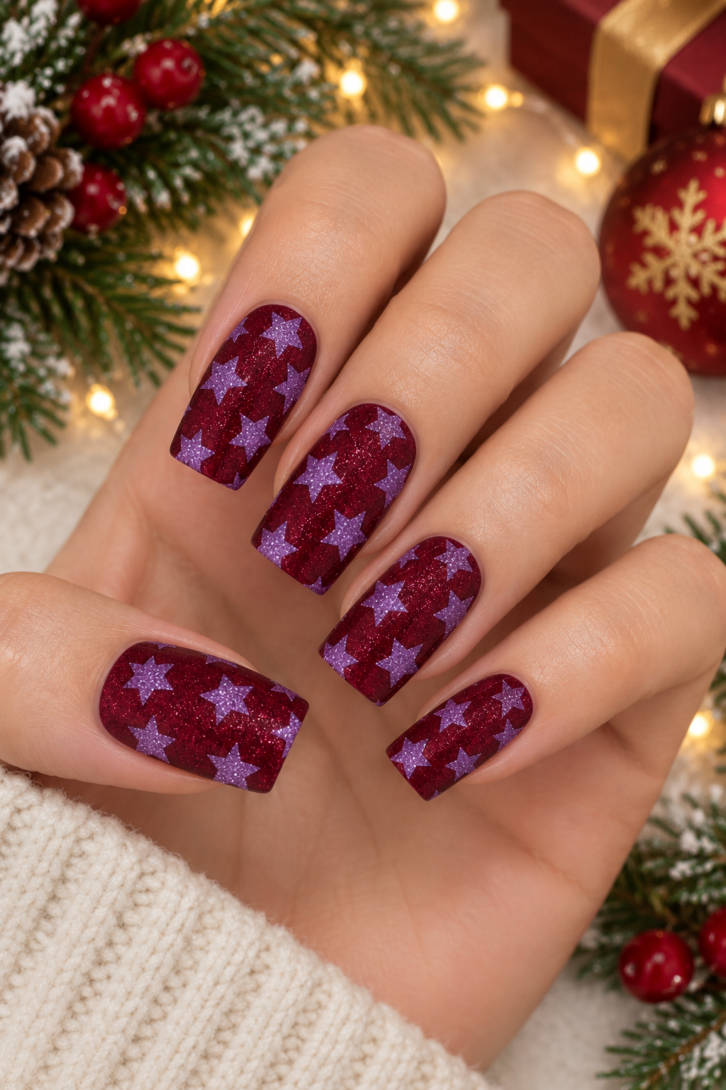 Burgundy Starry Holiday Manicure