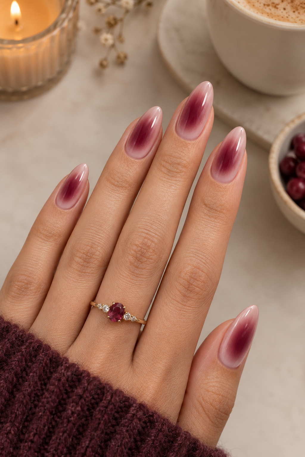 Cozy Berry Ombre Manicure Flatlay