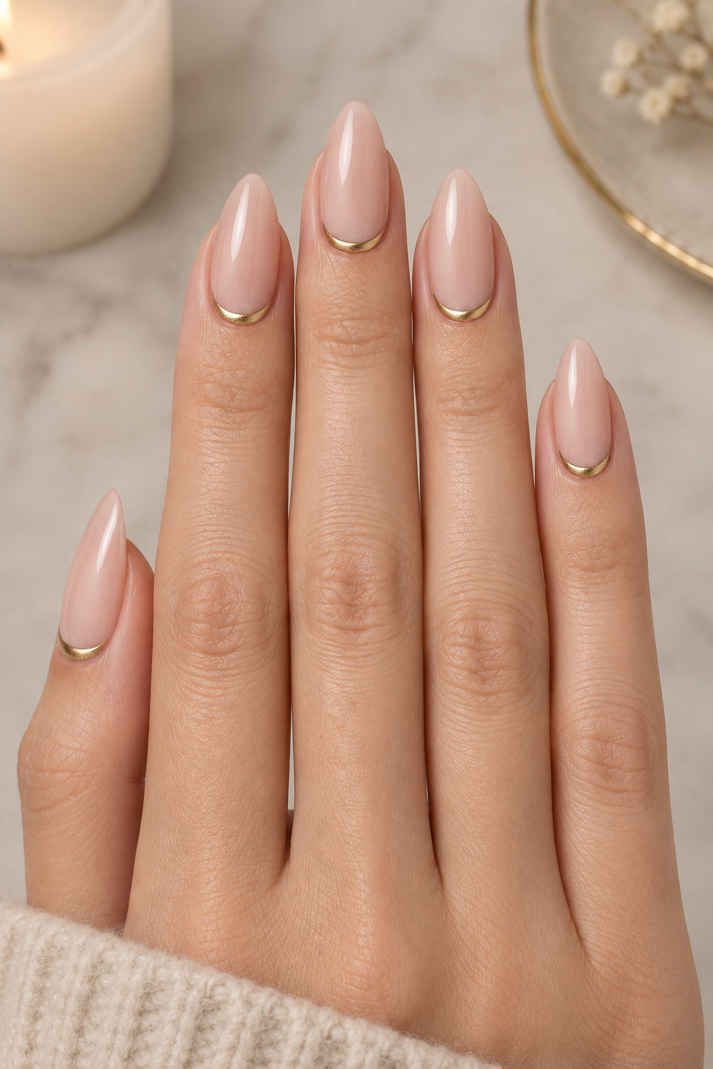 Elegant Nude Nails with Gold Crescents