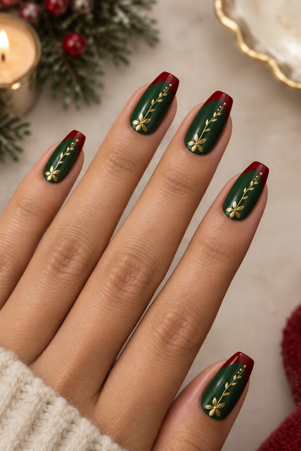 Emerald Green and Gold Floral Christmas Nails