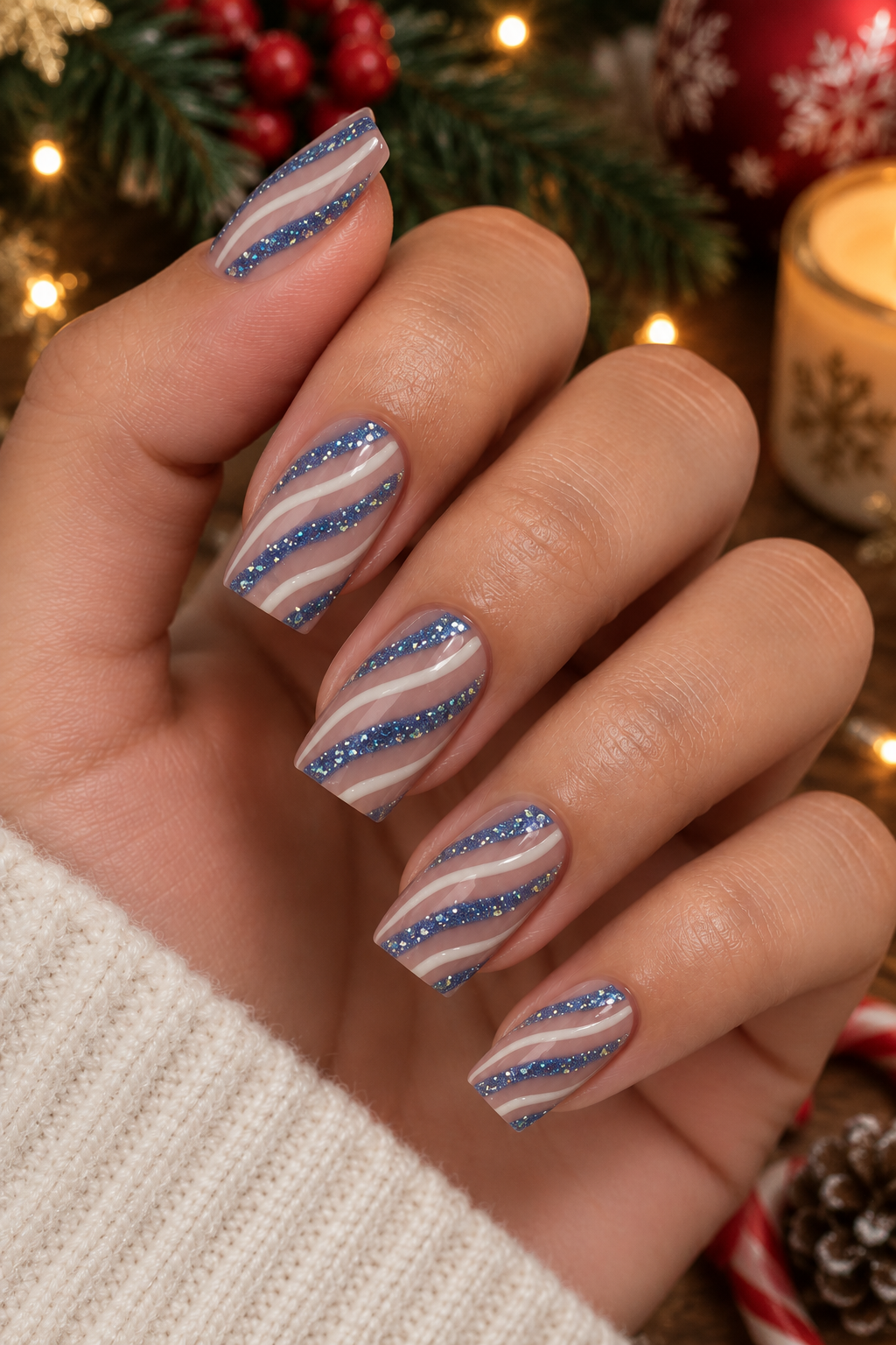 Festive Blue-Silver Candy Cane Nails