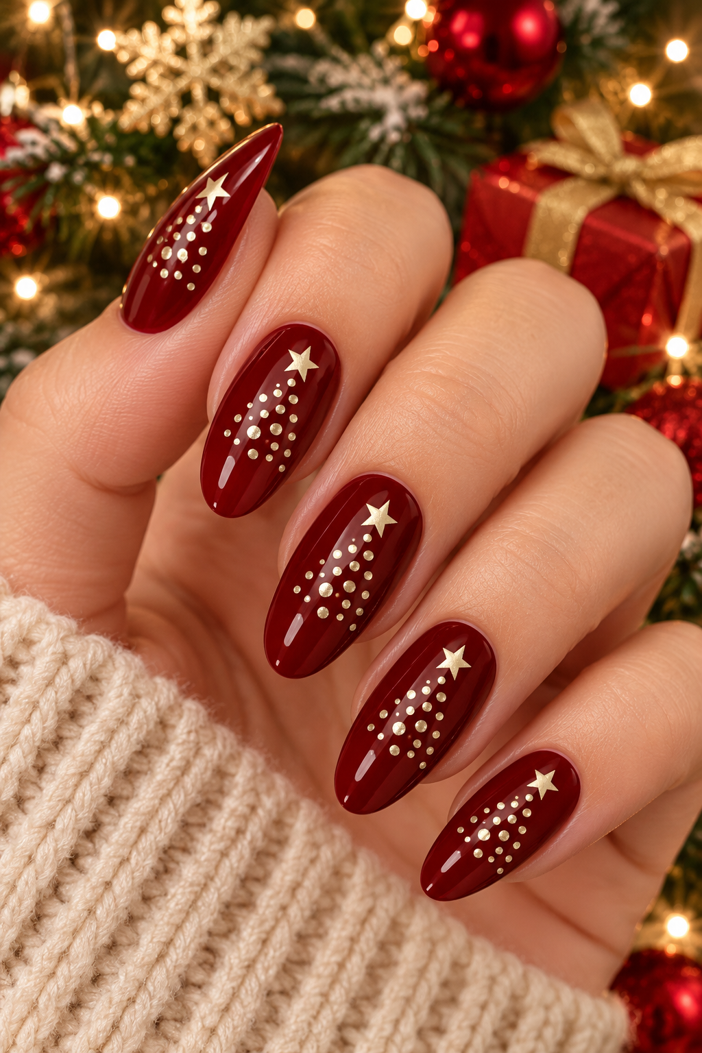 Festive Burgundy and Gold Christmas Tree Manicure