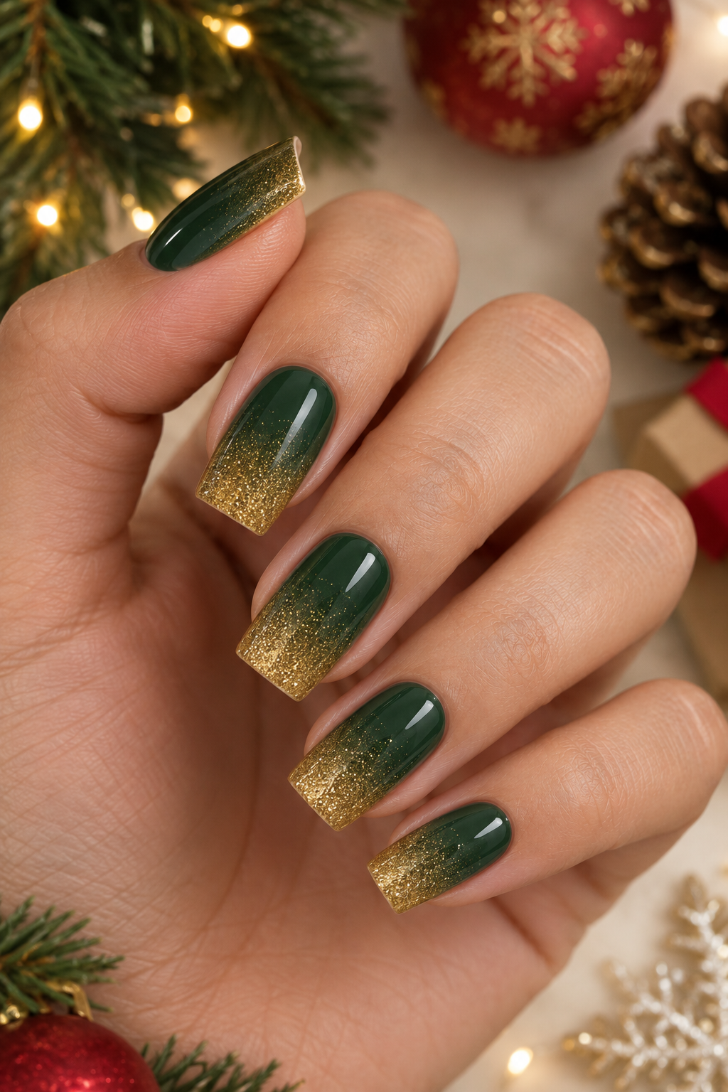 Festive Emerald Gold Gradient Nails