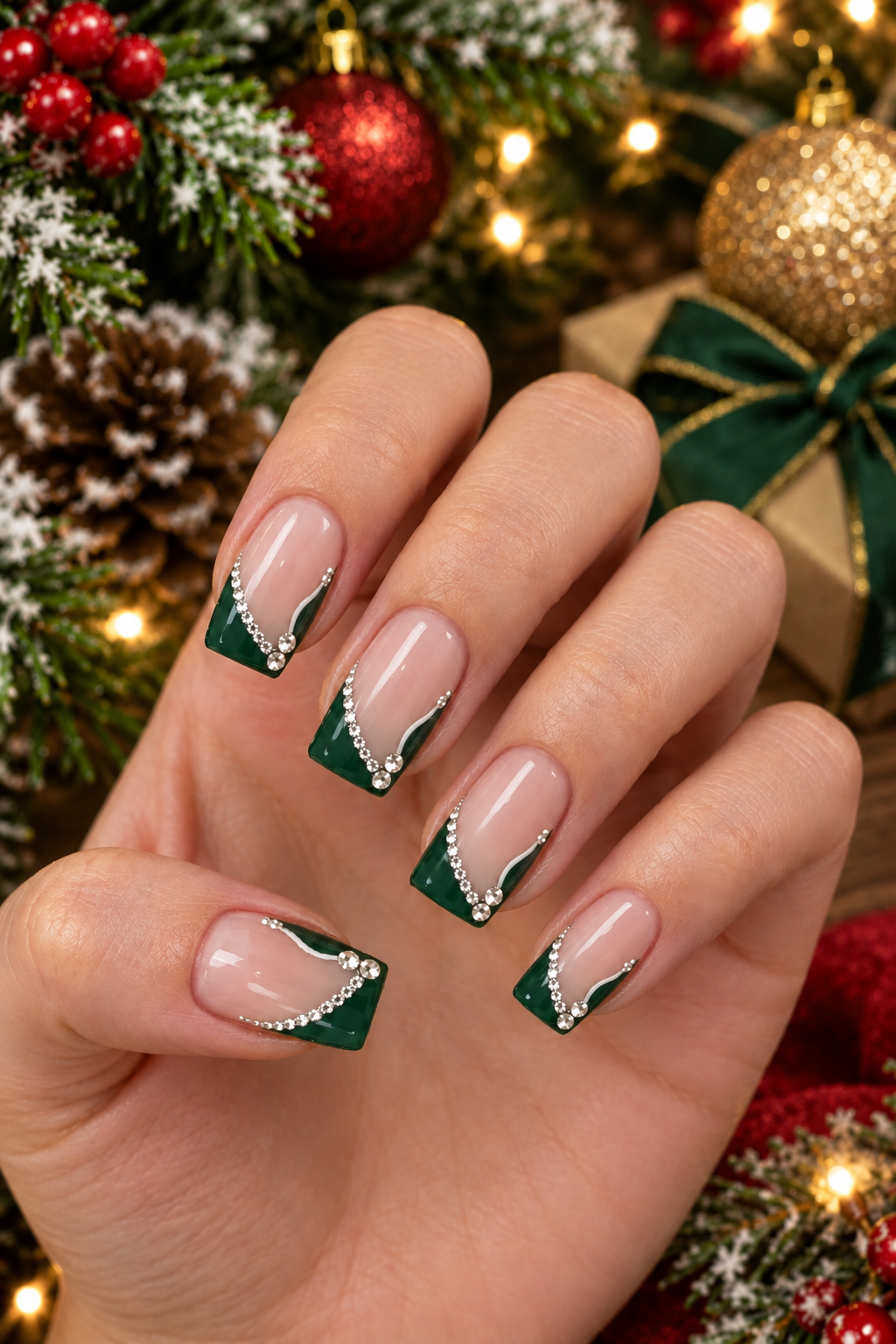 Festive Emerald Rhinestone Christmas Manicure