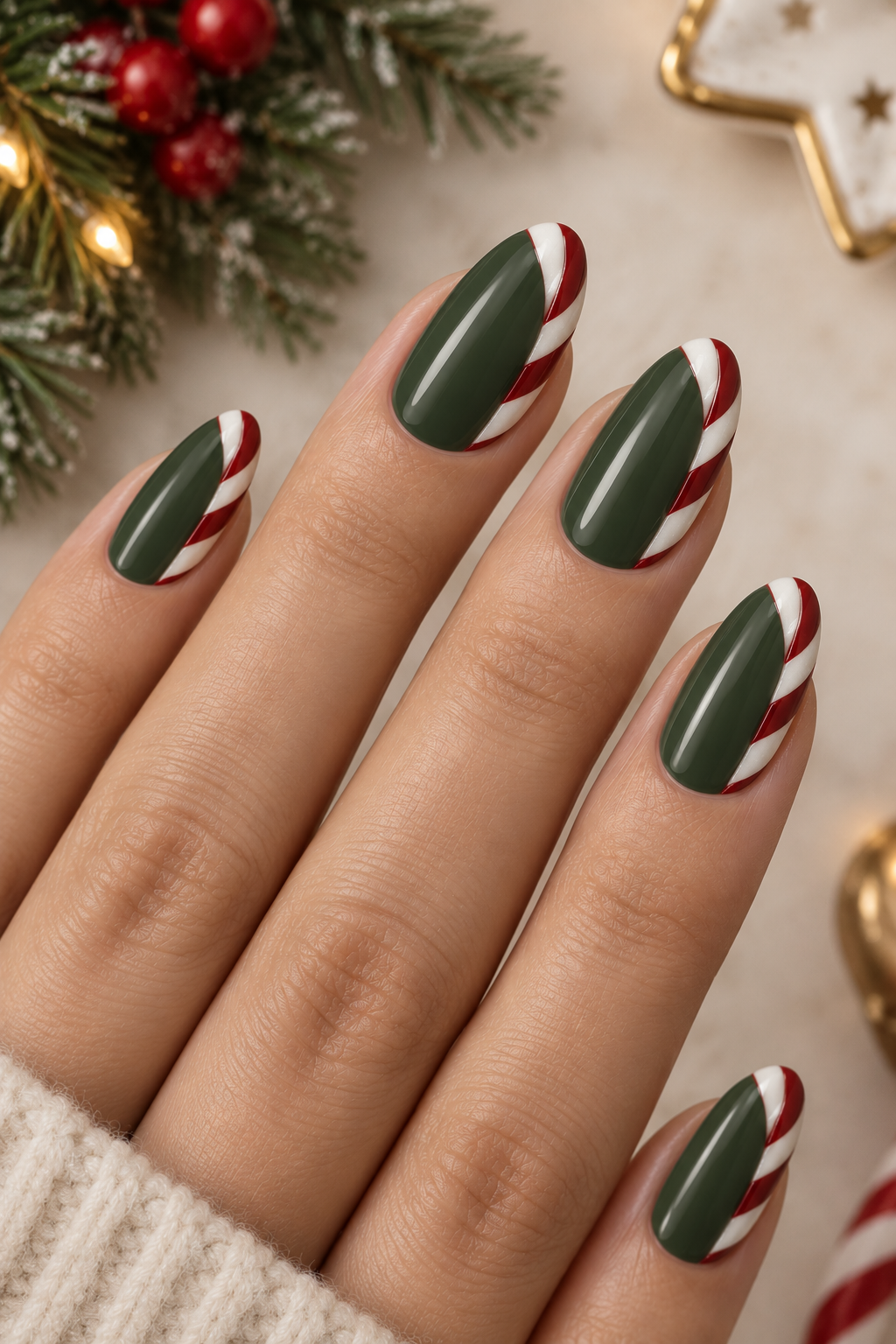 Festive Forest Green Candy-Cane Nails