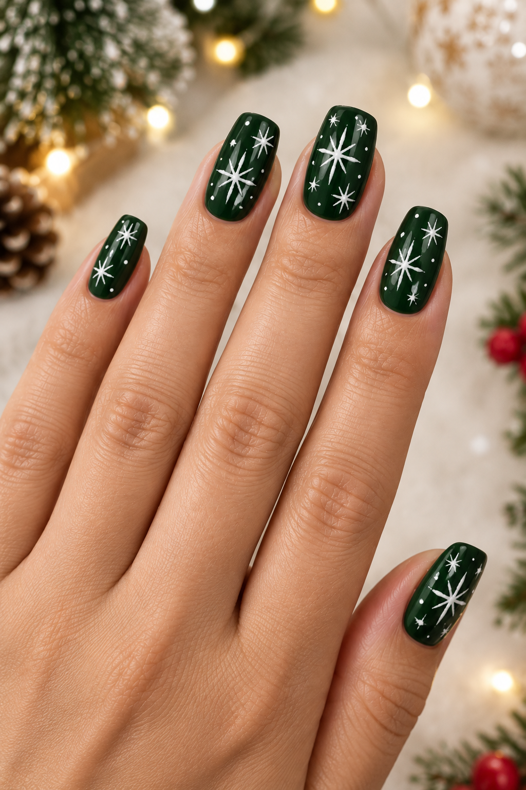 Festive Green Snowflake Manicure