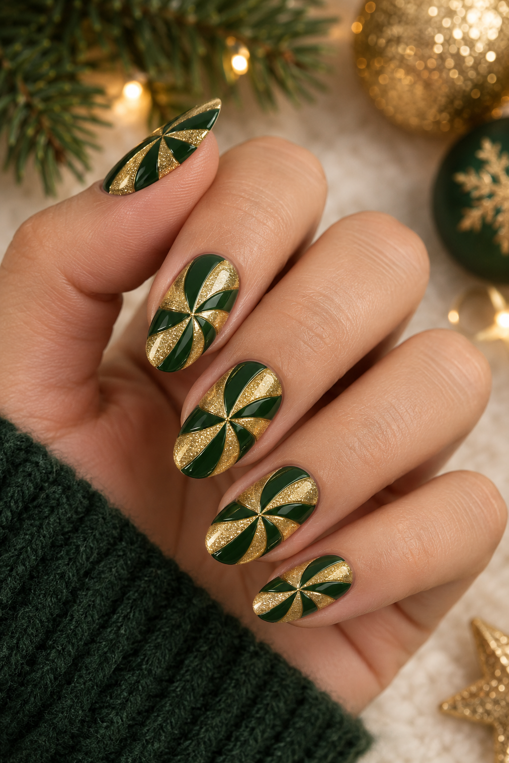Festive Green and Gold Peppermint Nails
