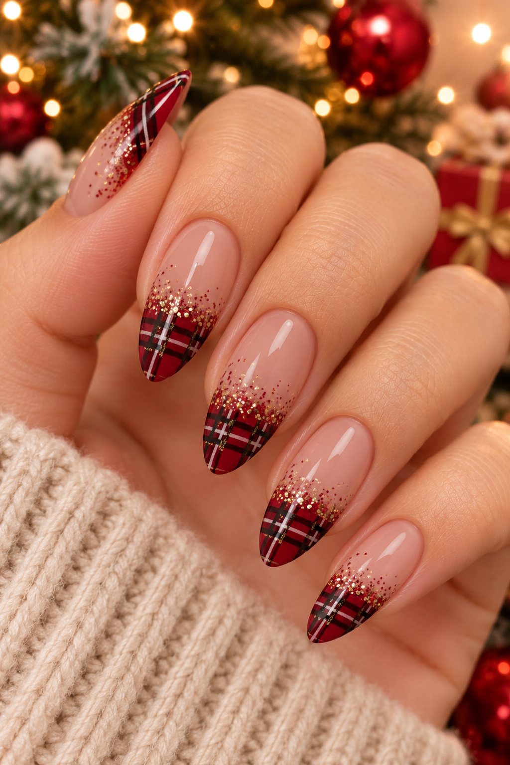 Festive Plaid Glitter Holiday Nails