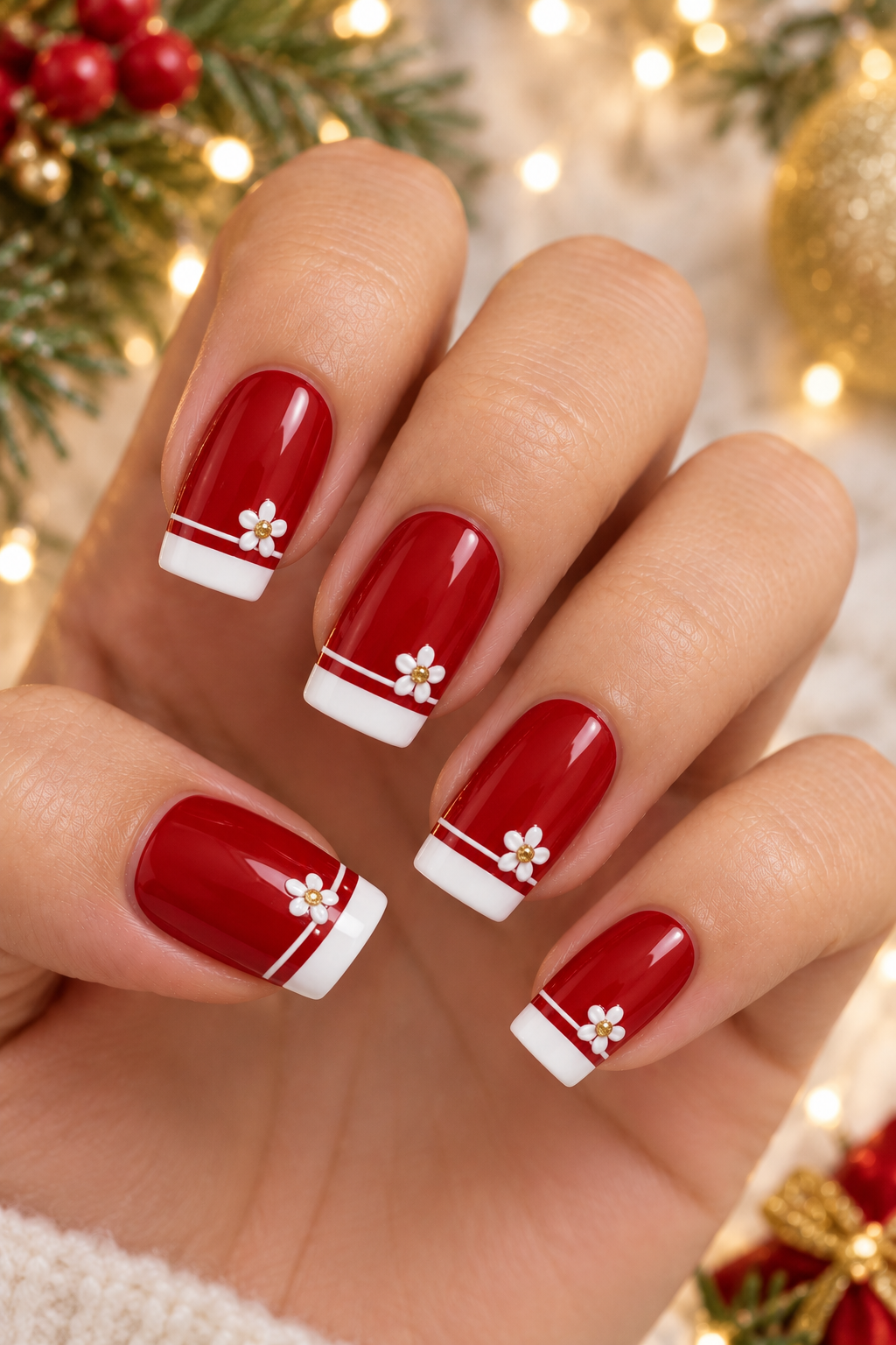 Festive Red Floral French Manicure