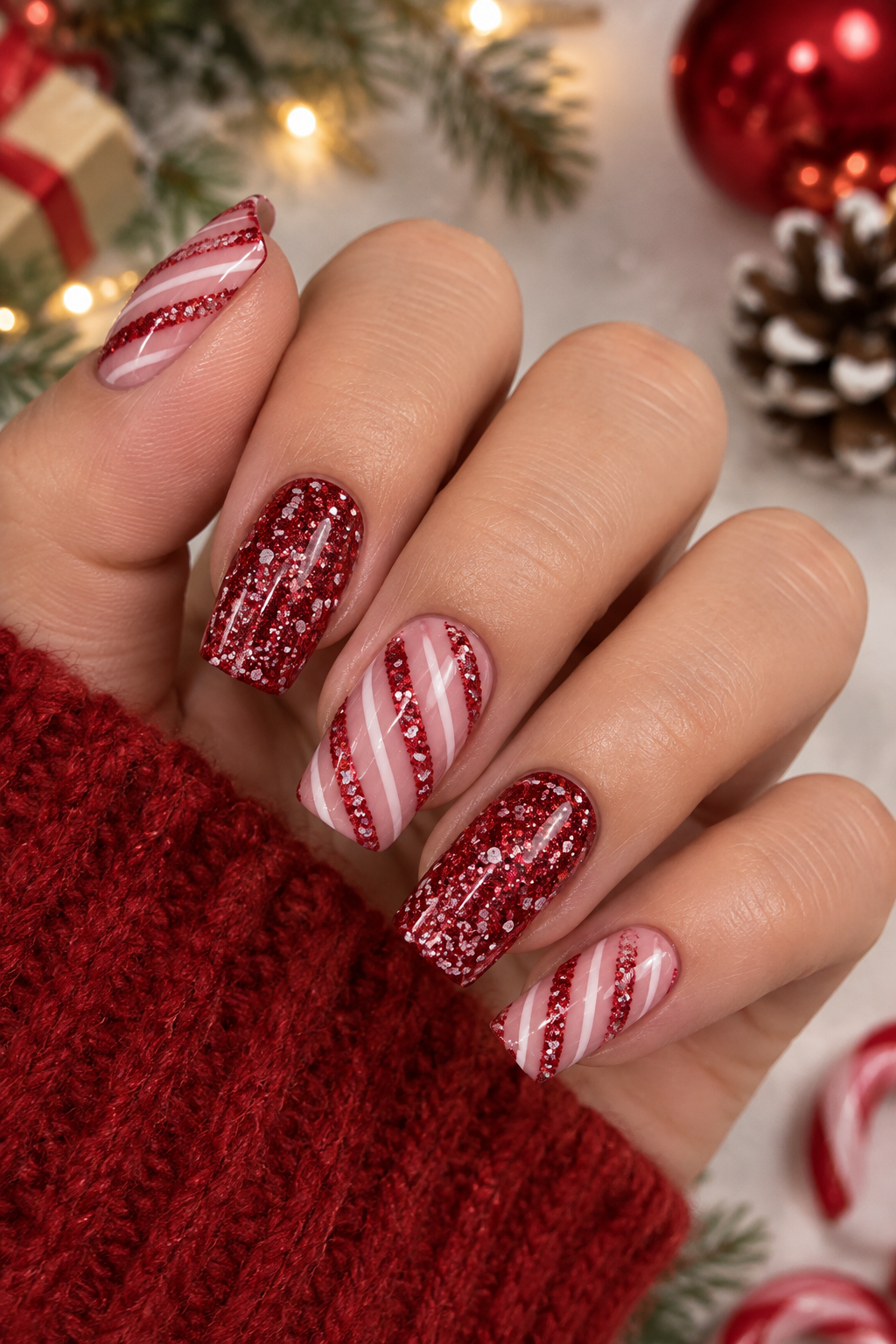 Festive Red Glitter Candy Cane Manicure