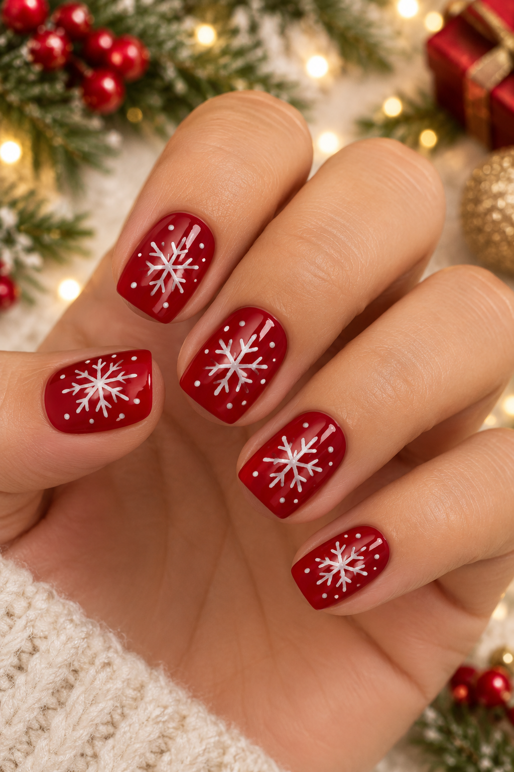Festive Red Snowflake Manicure