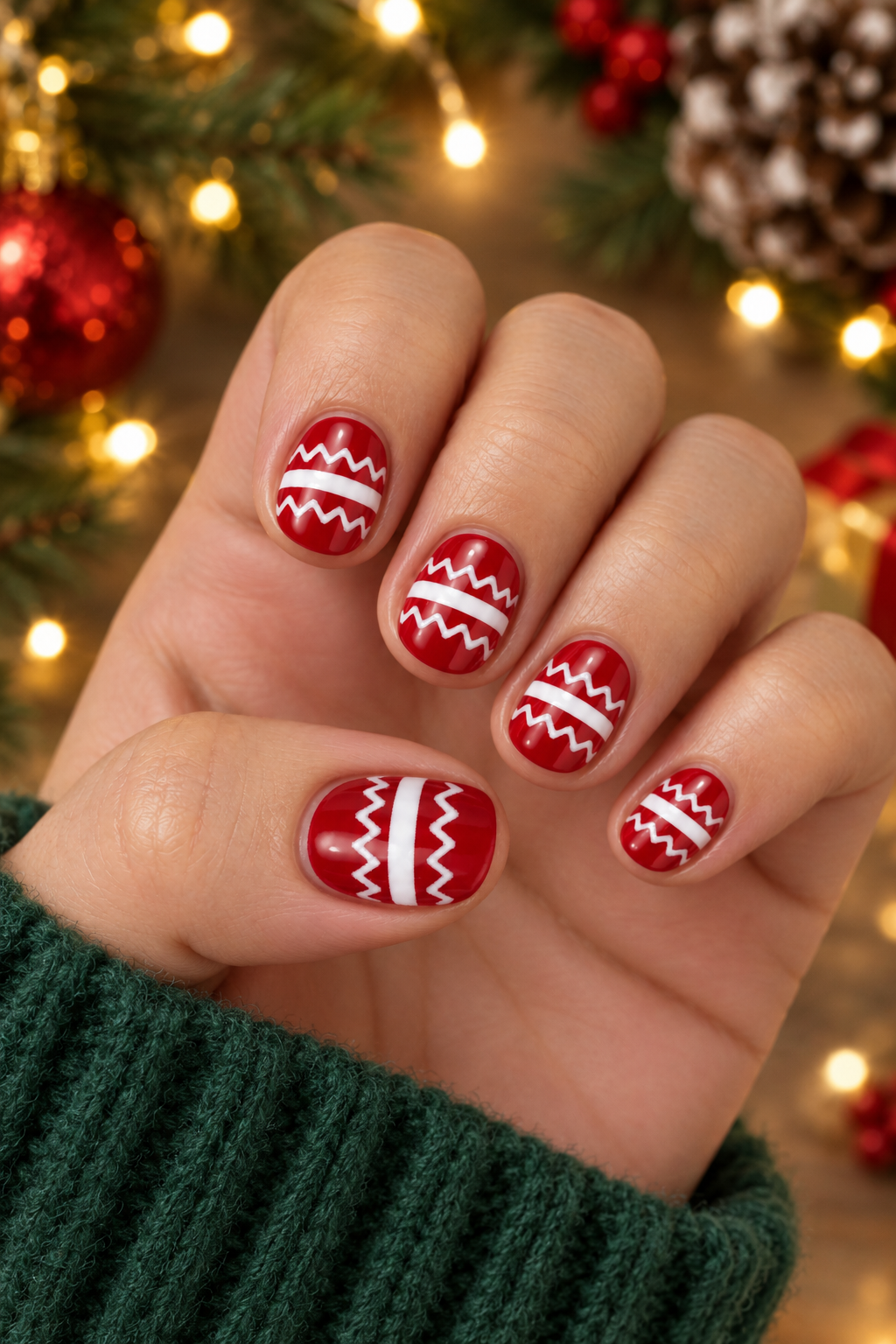 Festive Red Sweater-Pattern Nails