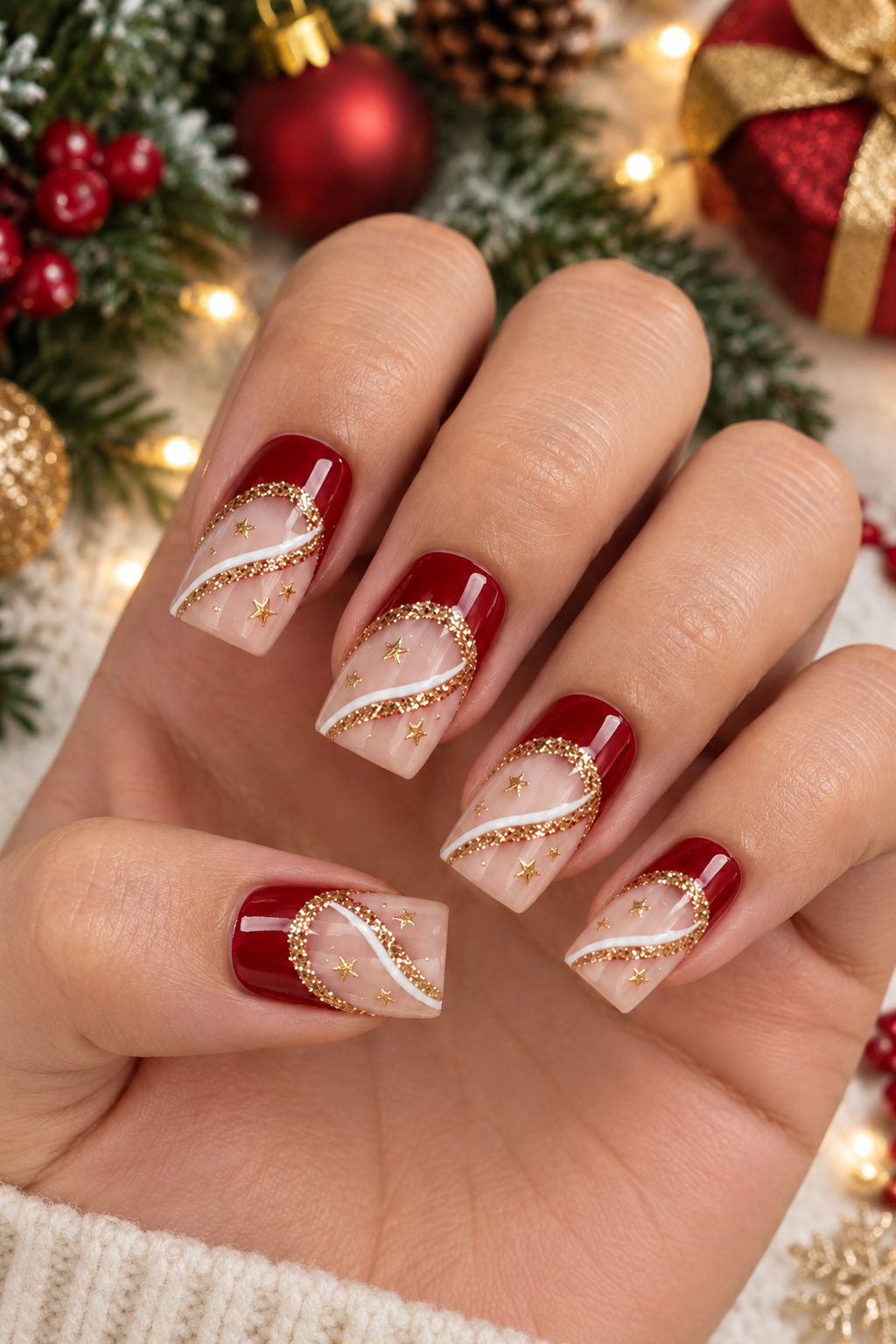 Festive Red and Gold Holiday Manicure