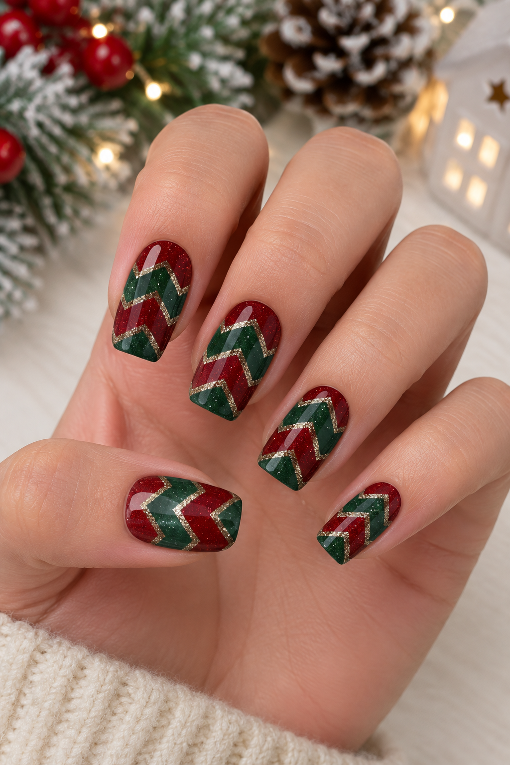 Festive Red and Green Chevron Manicure