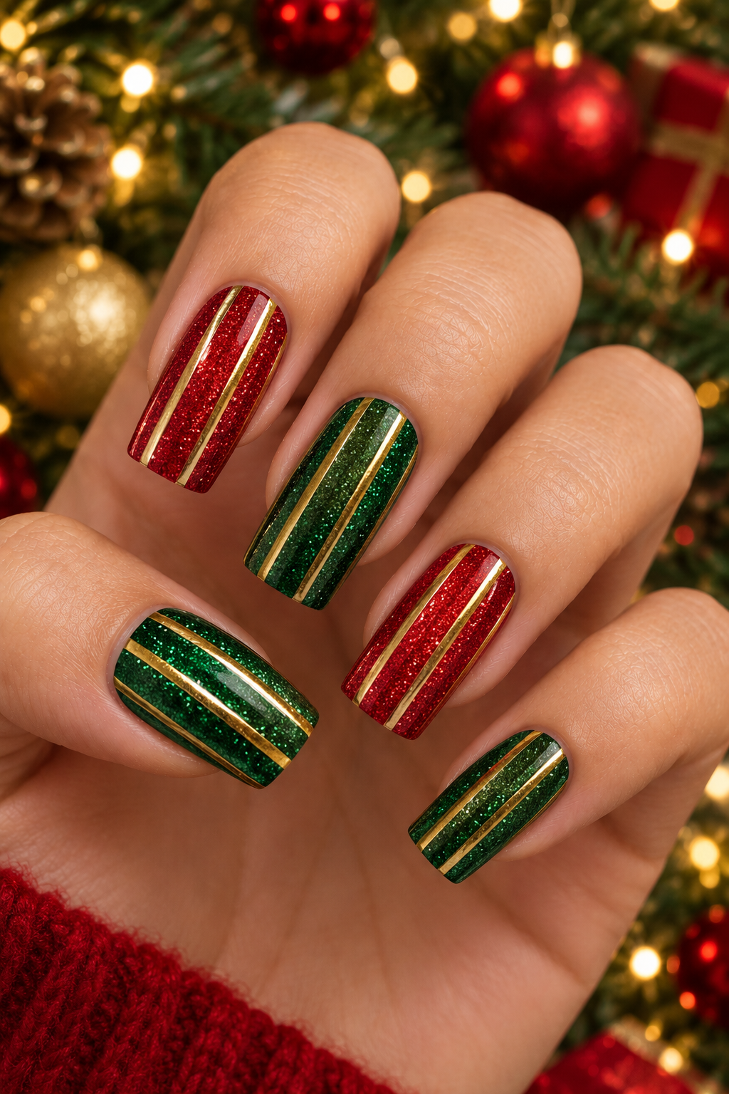 Festive Red and Green Glitter Nails