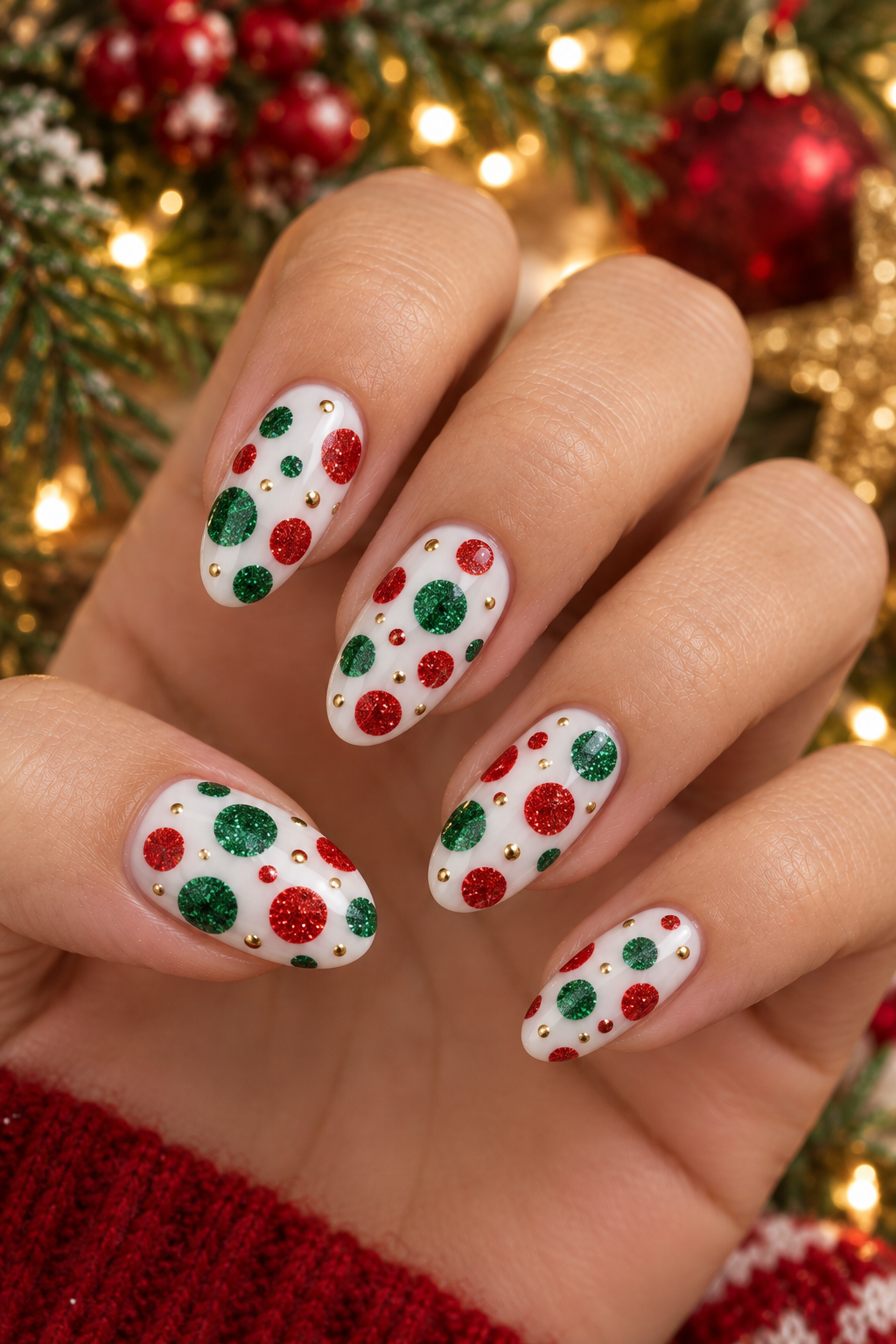 Festive Red and Green Glitter Polka Nails
