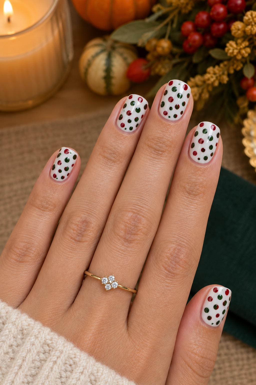 Festive Red and Green Polka Dot Manicure