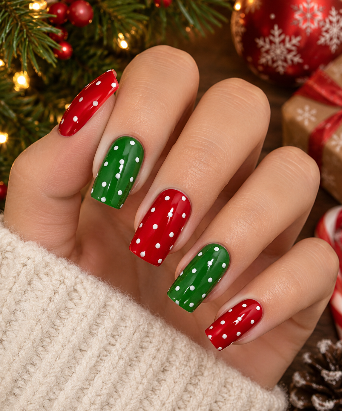 Festive Red and Green Polka-Dot Nails