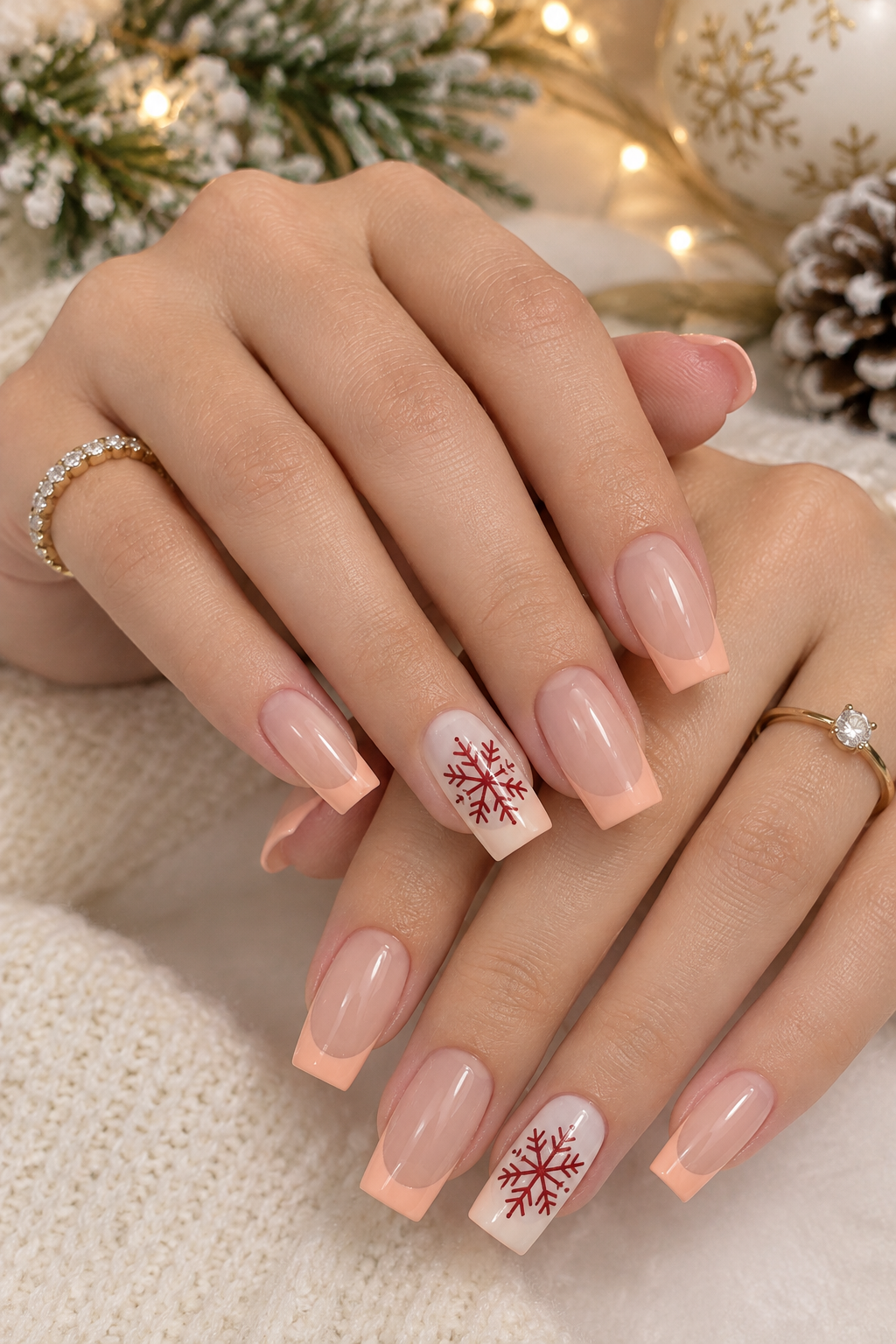 Festive Snowflake French Tip Manicure