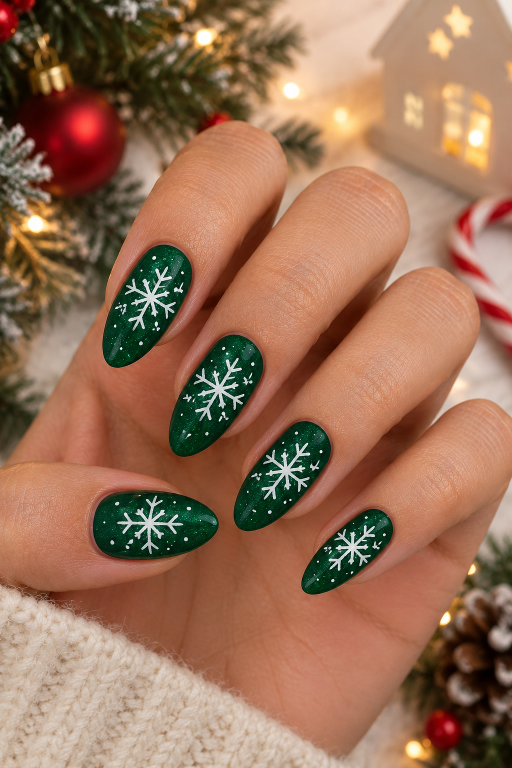 Festive Snowflake Green Manicure