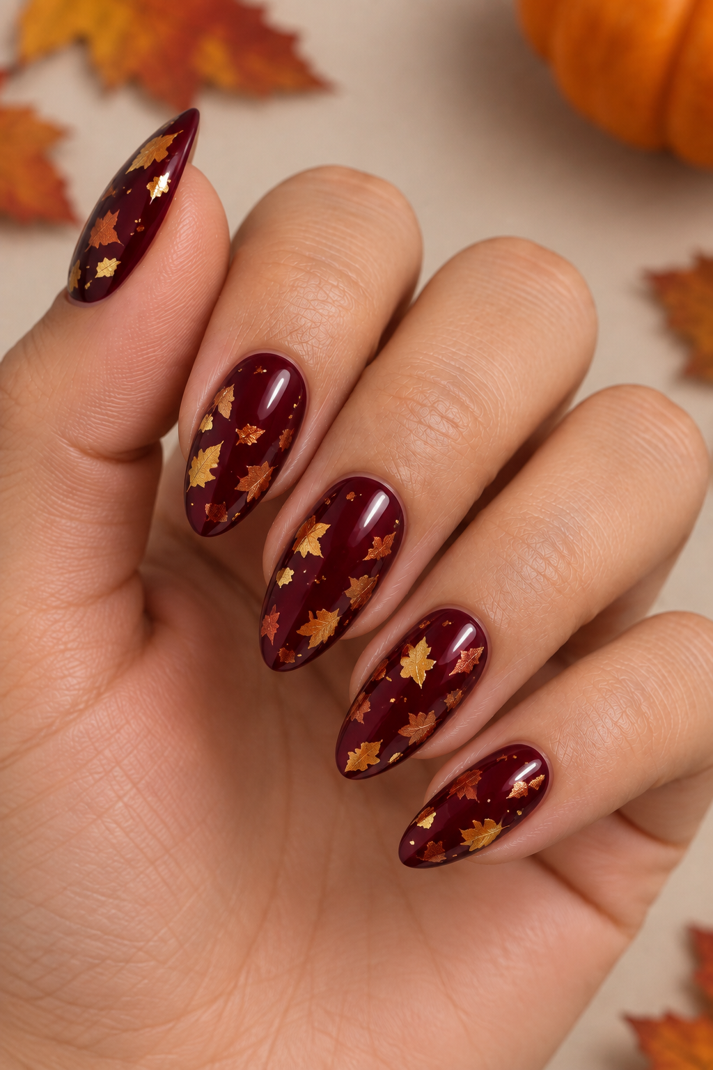 Glossy Burgundy Autumn Leaf Manicure