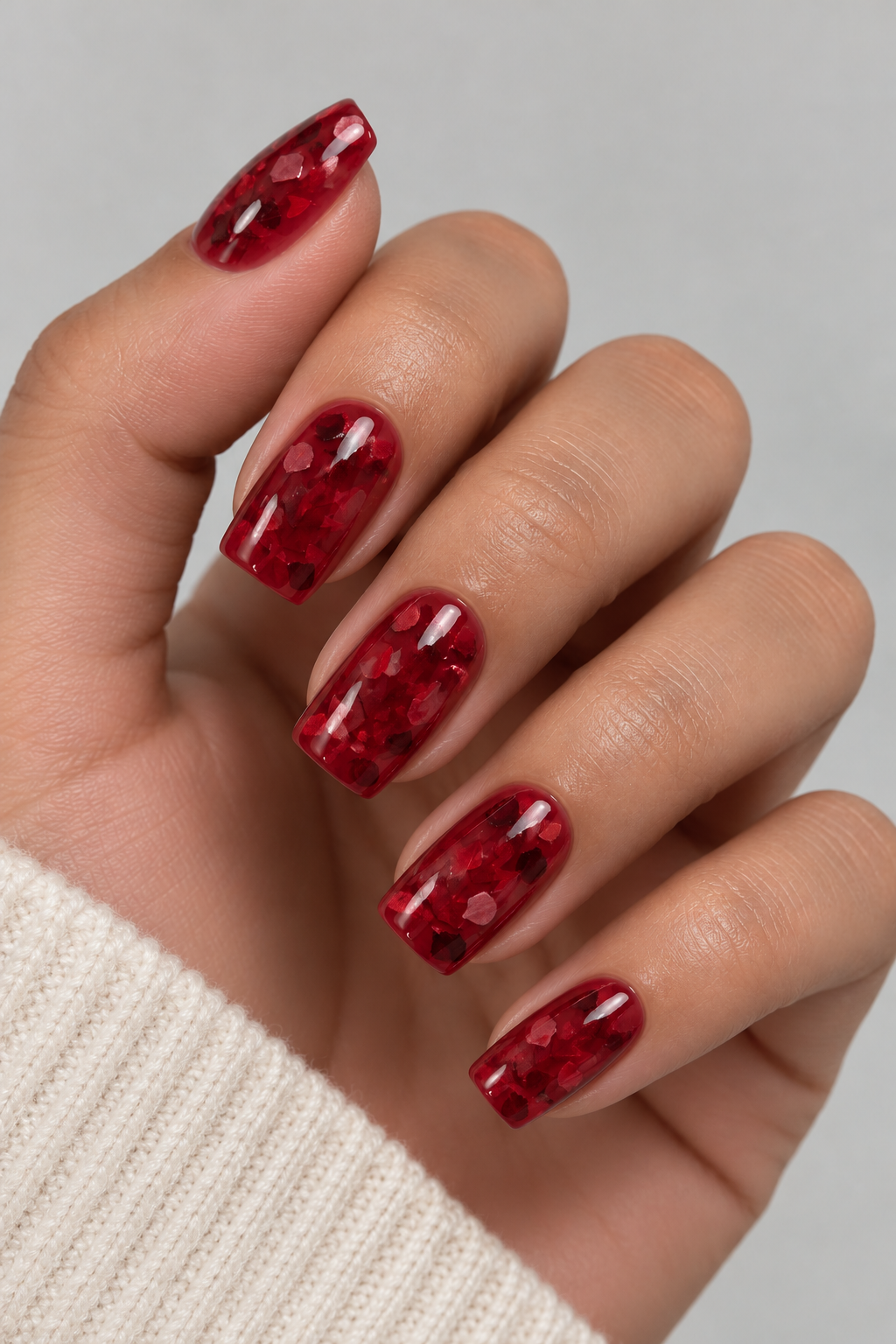 Glossy Crimson Mosaic Manicure