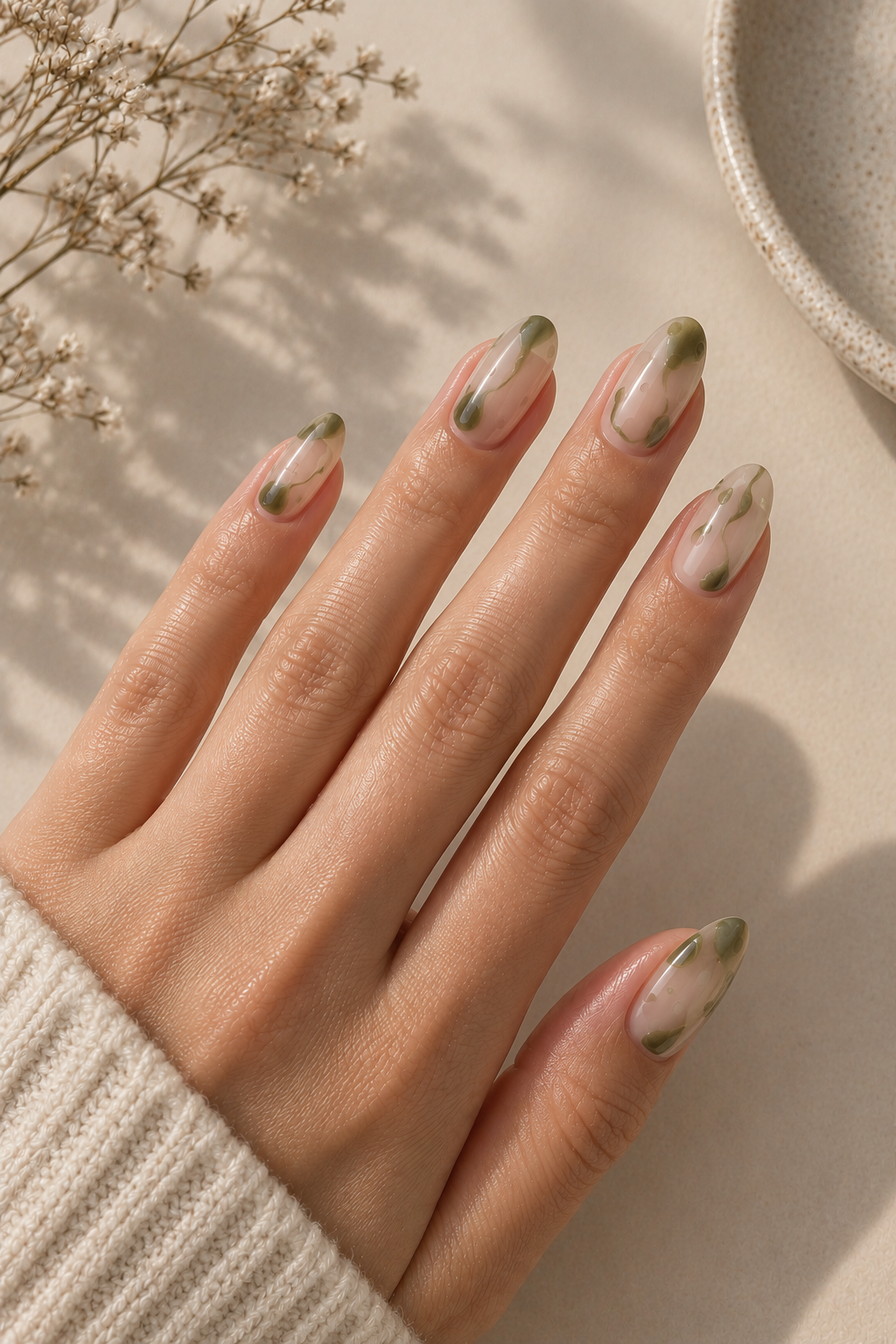 Glossy Olive Abstract Nail Art