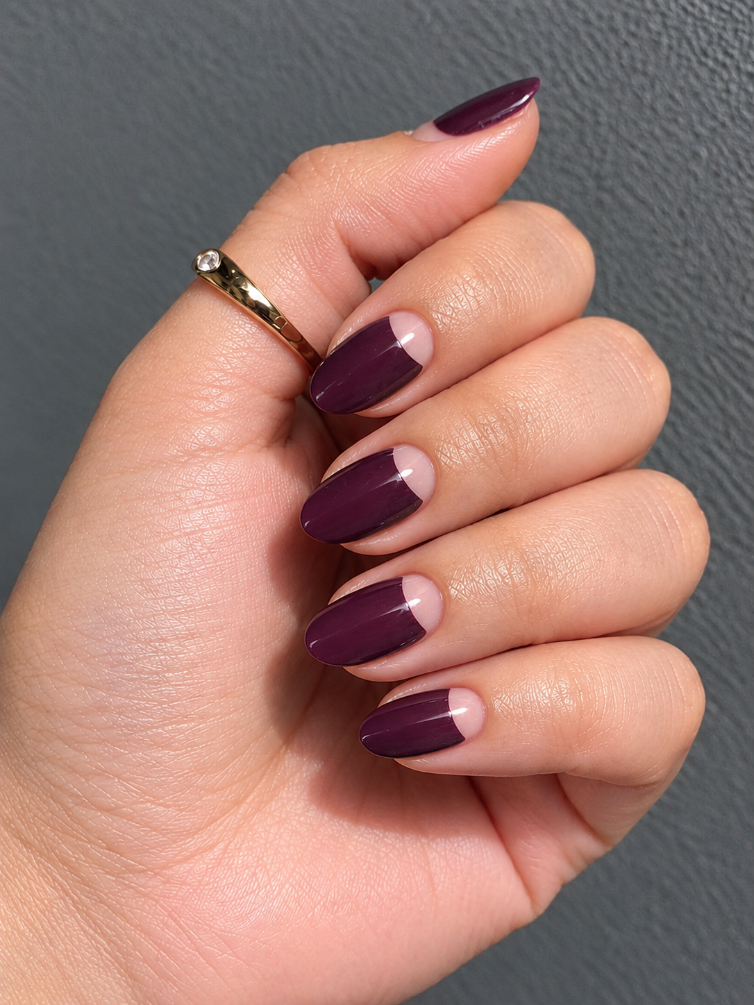 fall nails plum design with half-moon manicure