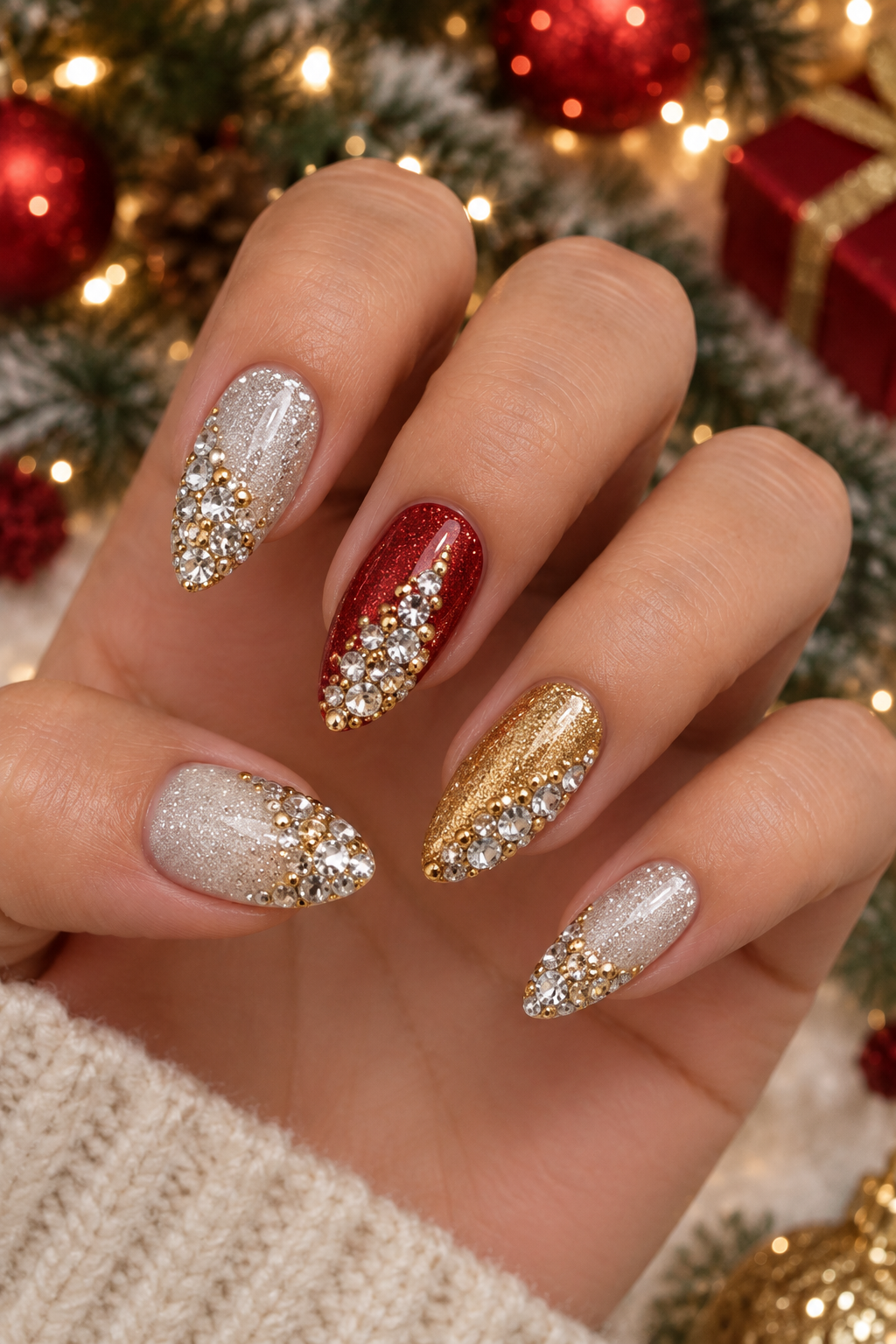 Gold and Silver Rhinestone Christmas Nails